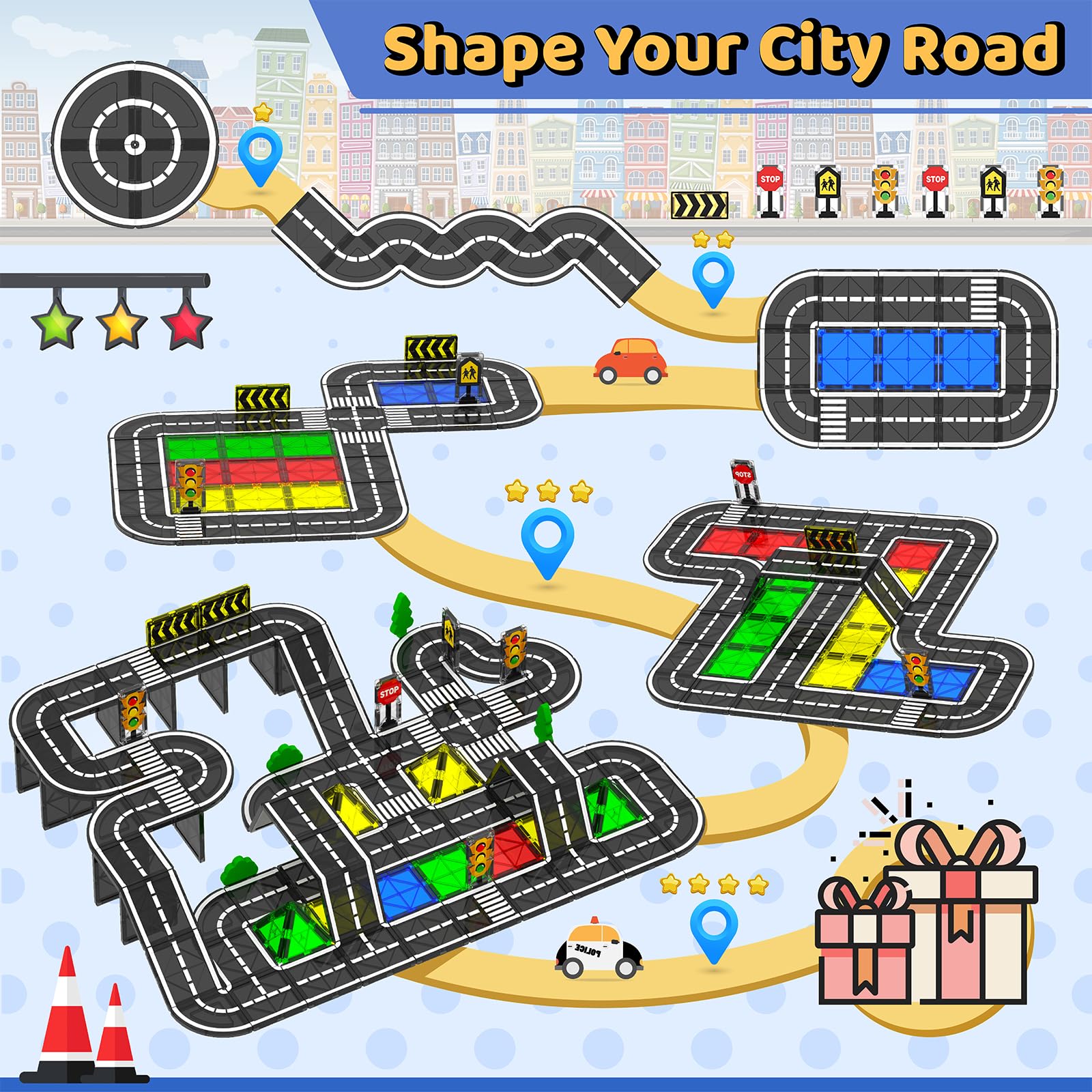 Magnetic Tiles - Road Set, Magnetic Building Blocks, Preschool Montessori Toys Gift for 3+ Year Old Boys and Girls, Sensory Christmas Toys for Kids Aged 3-5 and 4-8, Ideas for Toddler with Autism