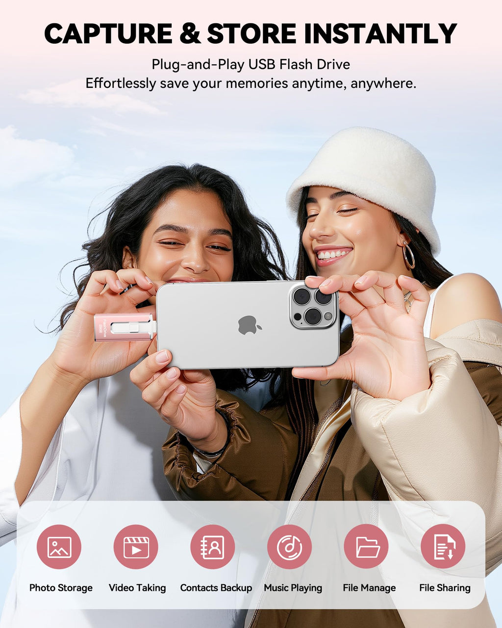 MFi Certified Flash Drive for iPhone iPad 256GB, Photo Stick for External Memory Storage, Easily Back Up and Save Photos Videos, USB Memory Stick Thumb Drive for iPhone/iPad/Android/PC (Rose Pink)