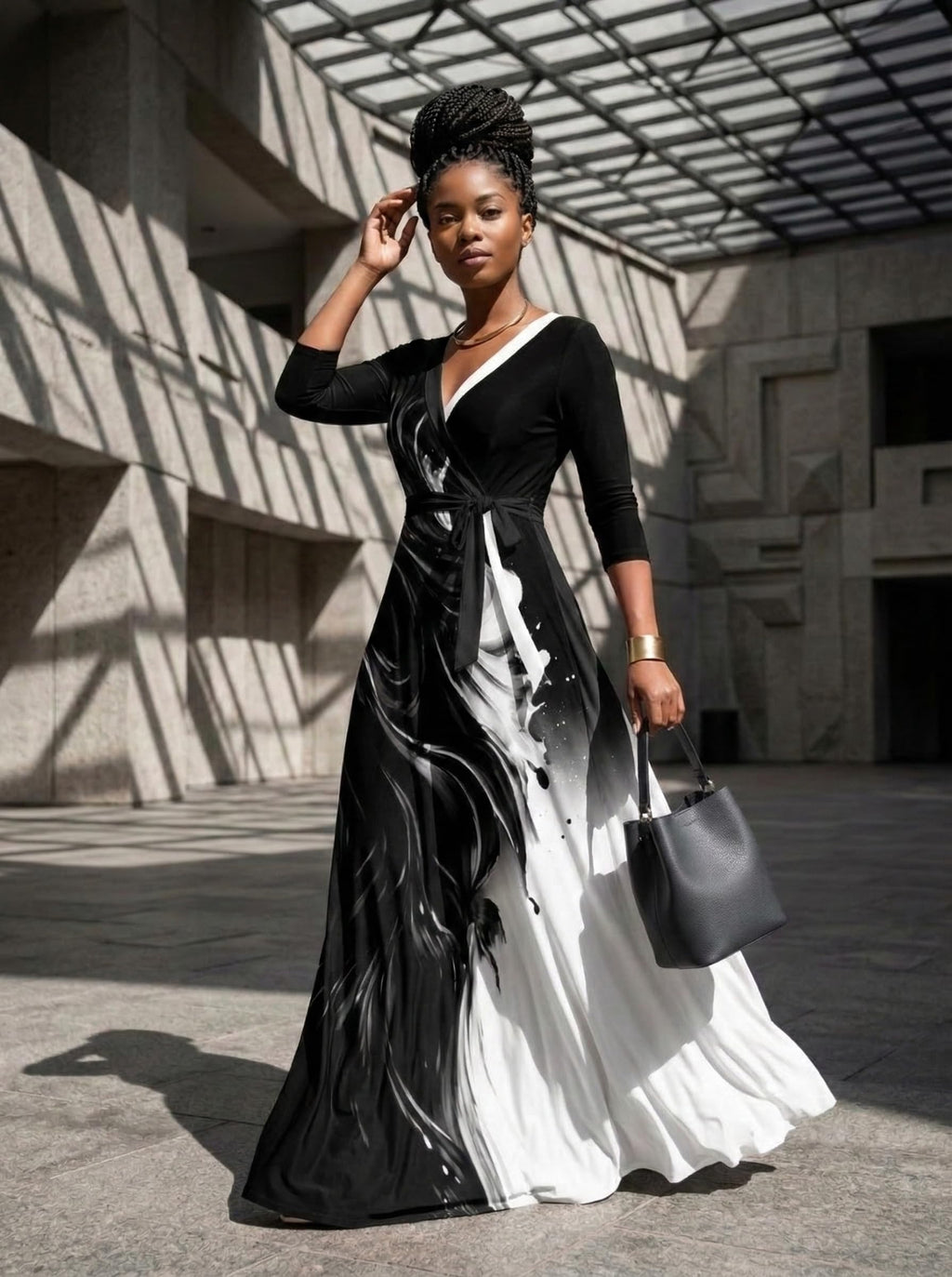PinkPatty Plus Size Maxi Dress for Women 3/4 Sleeve V Neck Long Dress Casual Party Sundress with Belt (A-Black/White Ink Splash 2XL)