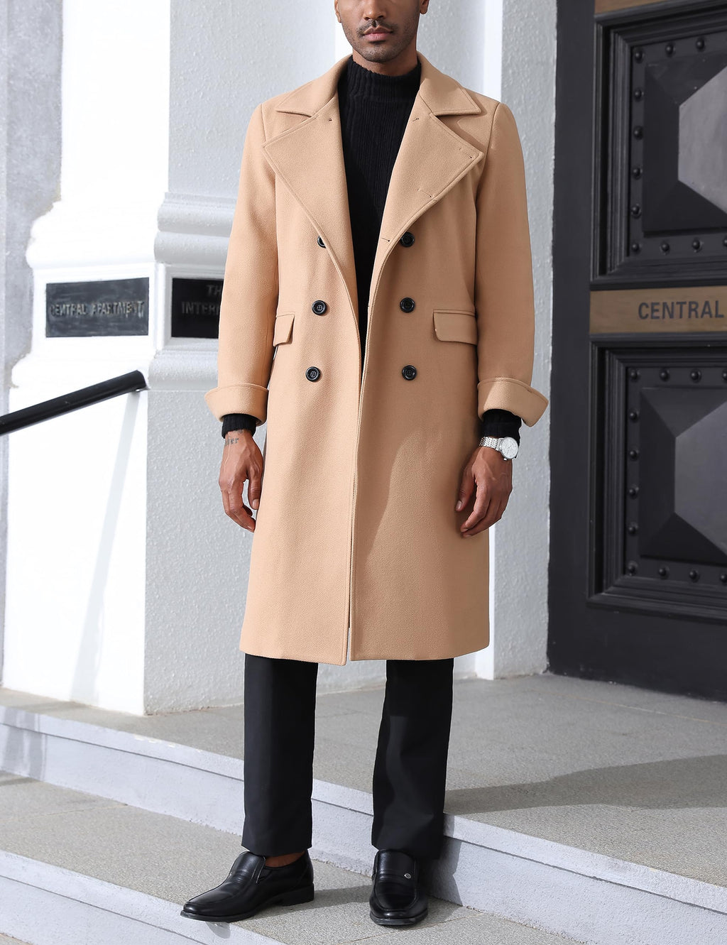 Springrain Men's Pea Coat Double Breasted Overcoat Lapel Coat Classic Long Trench Coat(Camel-S)