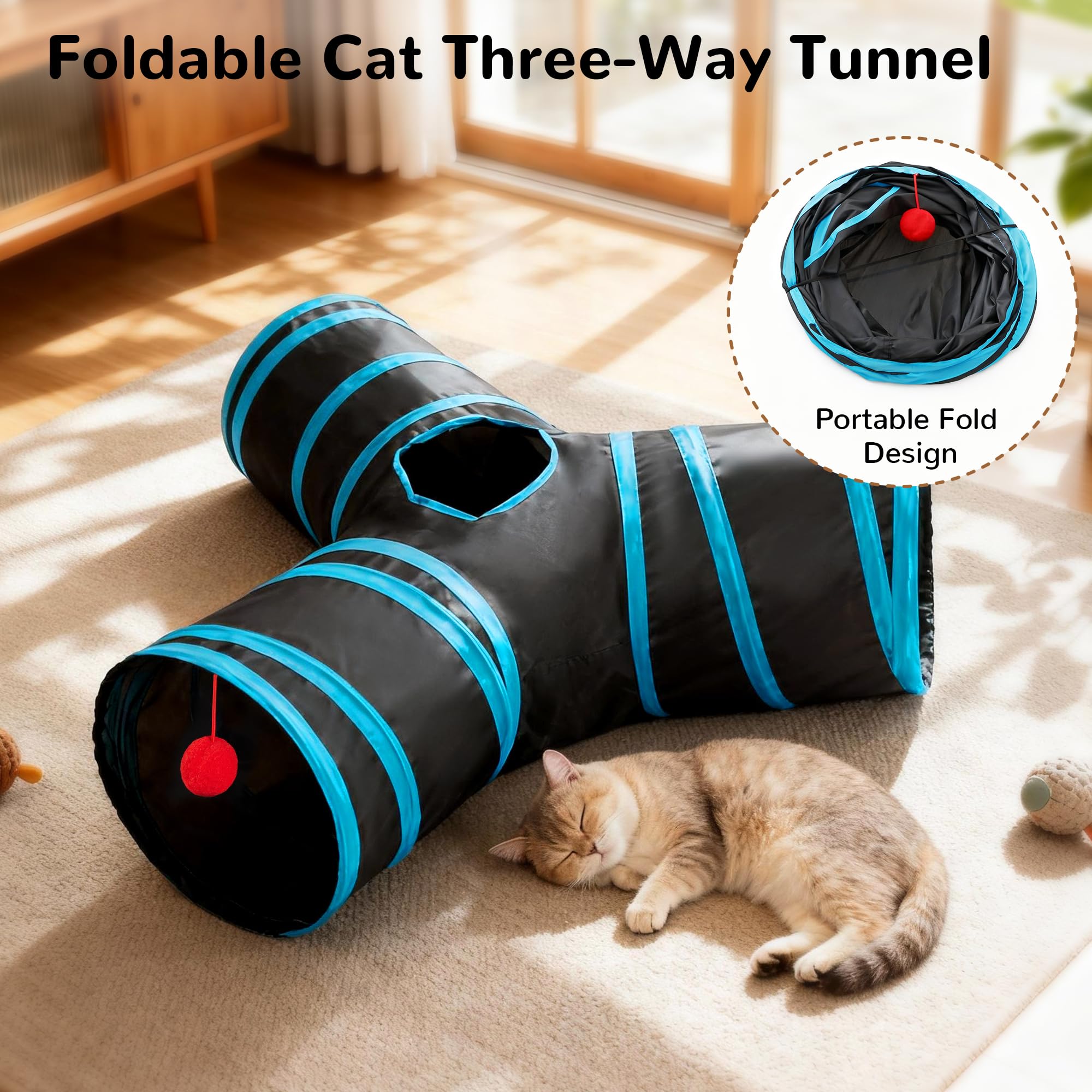Tempcore Pet Cat Tunnel Tube Cat Toys 3 Way Collapsible, Tunnels for Indoor Cats，Kitty Bored Peek Hole Toy Ball Cat, Puppy, Kitty, Kitten, Rabbit