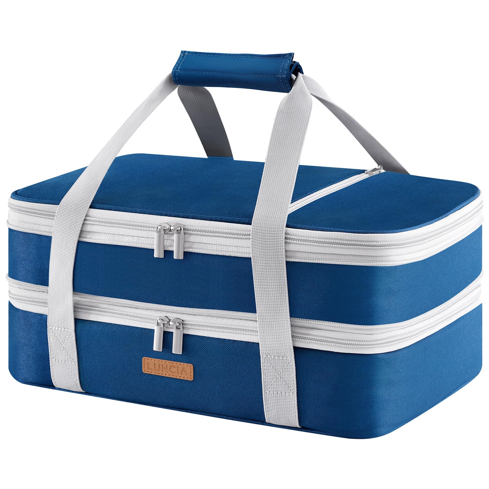 LUNCIA Insulated Double Decker Casserole Carrier, Lasagna Lugger Tote Keeps Food Hot or Cold, Thermal Lunch Bag for Potluck Parties, Picnic and Cookouts, Fits 9" x 13" Baking Dish, Pure Blue