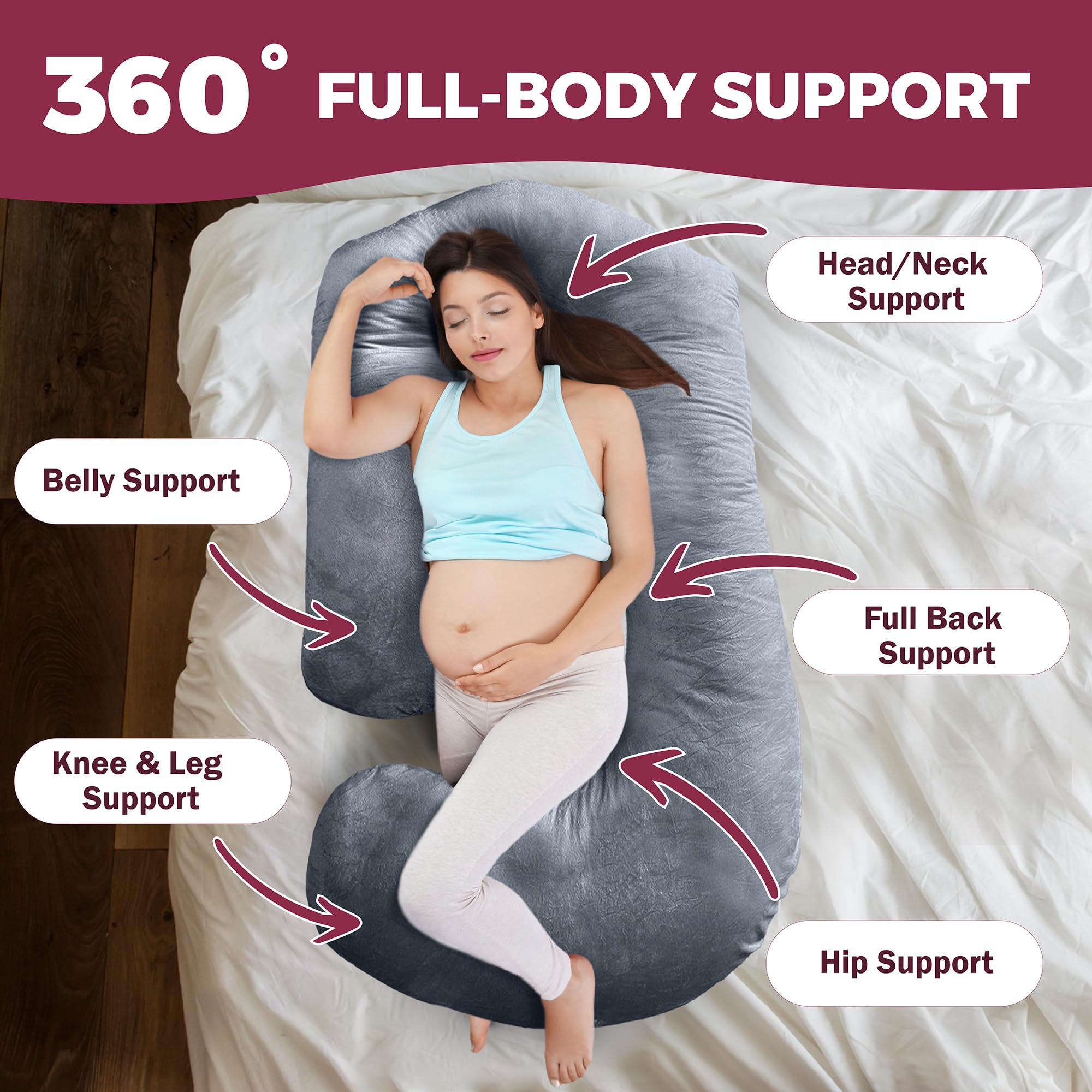 PILLANI Pregnancy Pillows for Sleeping – 57-Inch Maternity Pillow for Pregnant Women with Removable Washable Cover – Support for Back, Belly, Neck, Legs, and Hips – V C U Shaped Full Body Pillow