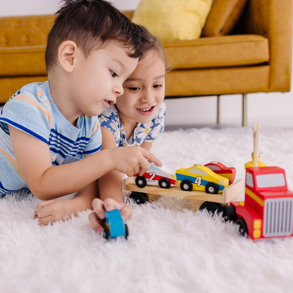 Melissa & Doug Magnetic Car Loader Wooden Toy Set with 4 Cars and 1 Semi-Trailer Truck Crane Wooden Toy, Vehicle Toys for Kids Ages 3+