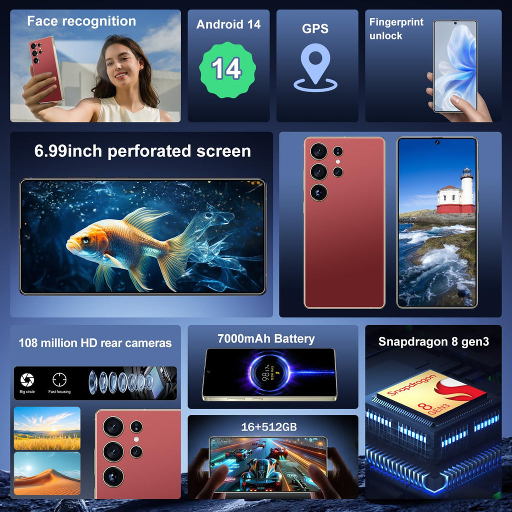 Ecshock I25 Ultra 5G Unlocked Smartphone,16GB+512GB Fully Cell Phone for Android 14, 6.99" Unlocked Cell Phone, 7000mAh, 68MP+108MP Dual Camera/Dual SIM (Wine Red)