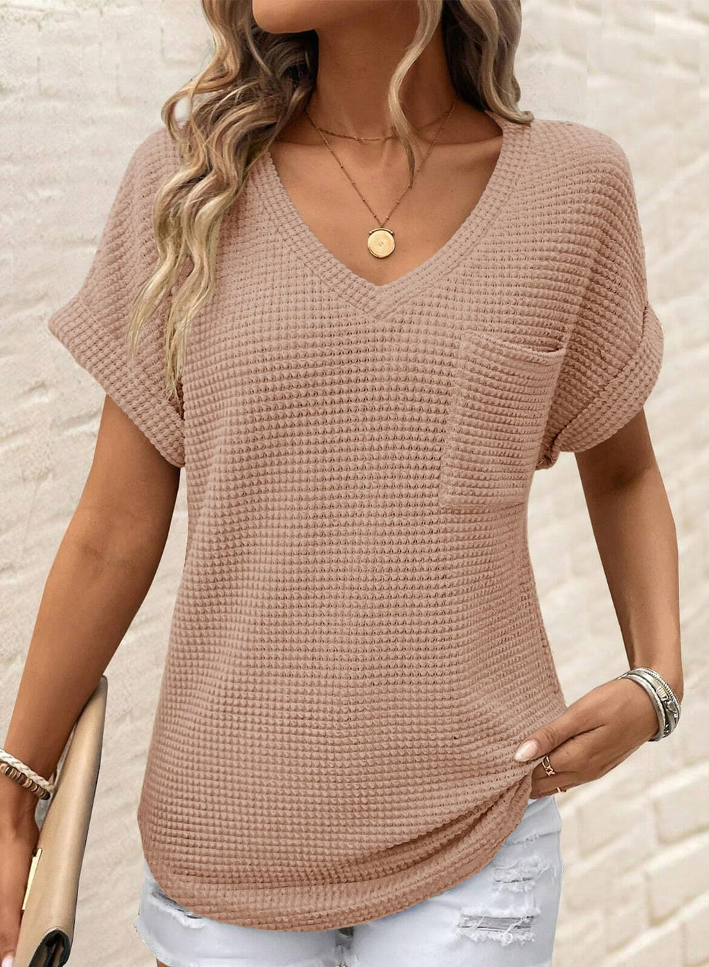 Dokotoo Summer Tops for Women Blouses 2026 Spring Trendy Fashion Fall Ladies Womens Dressy Casual Tops Women's Clothing Waffle Knit Clothes Short Sleeve Cruise Outfits Plus Size Basic T Shirts