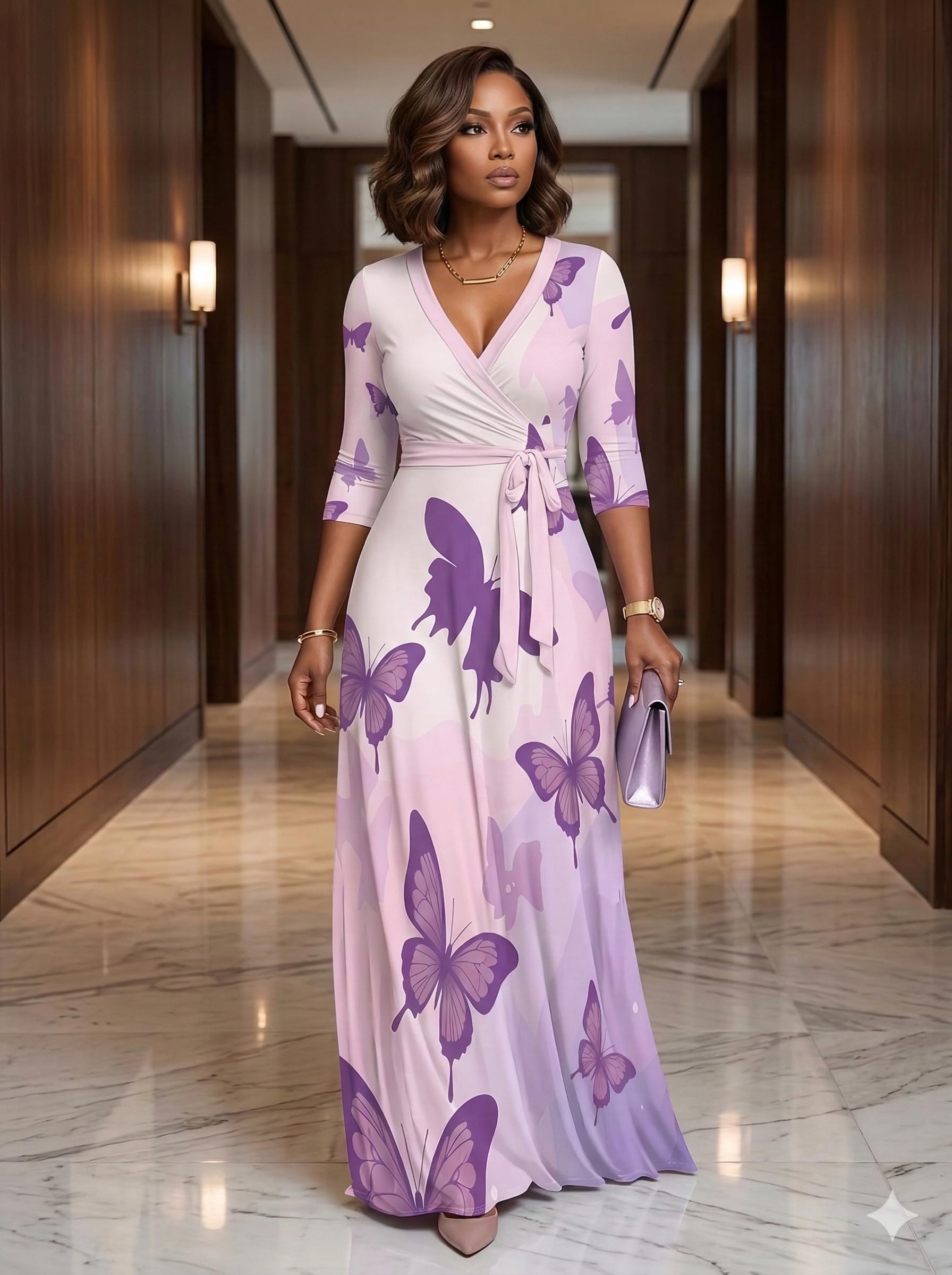 PinkPatty Plus Size Maxi Dress for Women 3/4 Sleeve V Neck Long Dress Casual Party Sundress with Belt (A-Purple Butterfly 2XL)