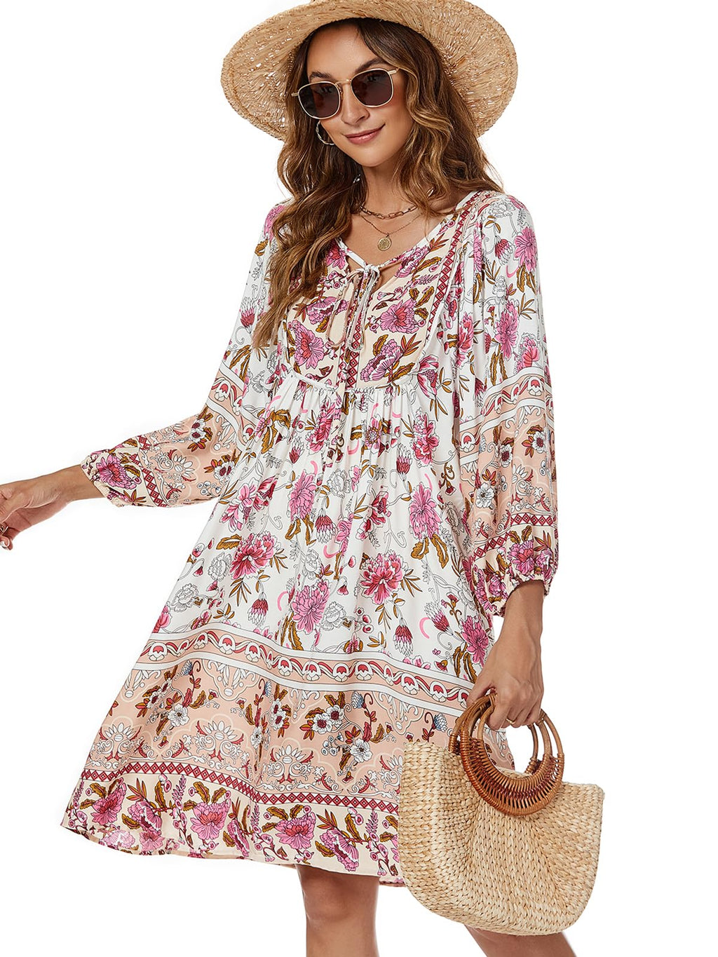 Qearal Summer Dresses for Women Casual Beach Vacation 3/4 Puffy Sleeve Boho Sun Dresses White XL