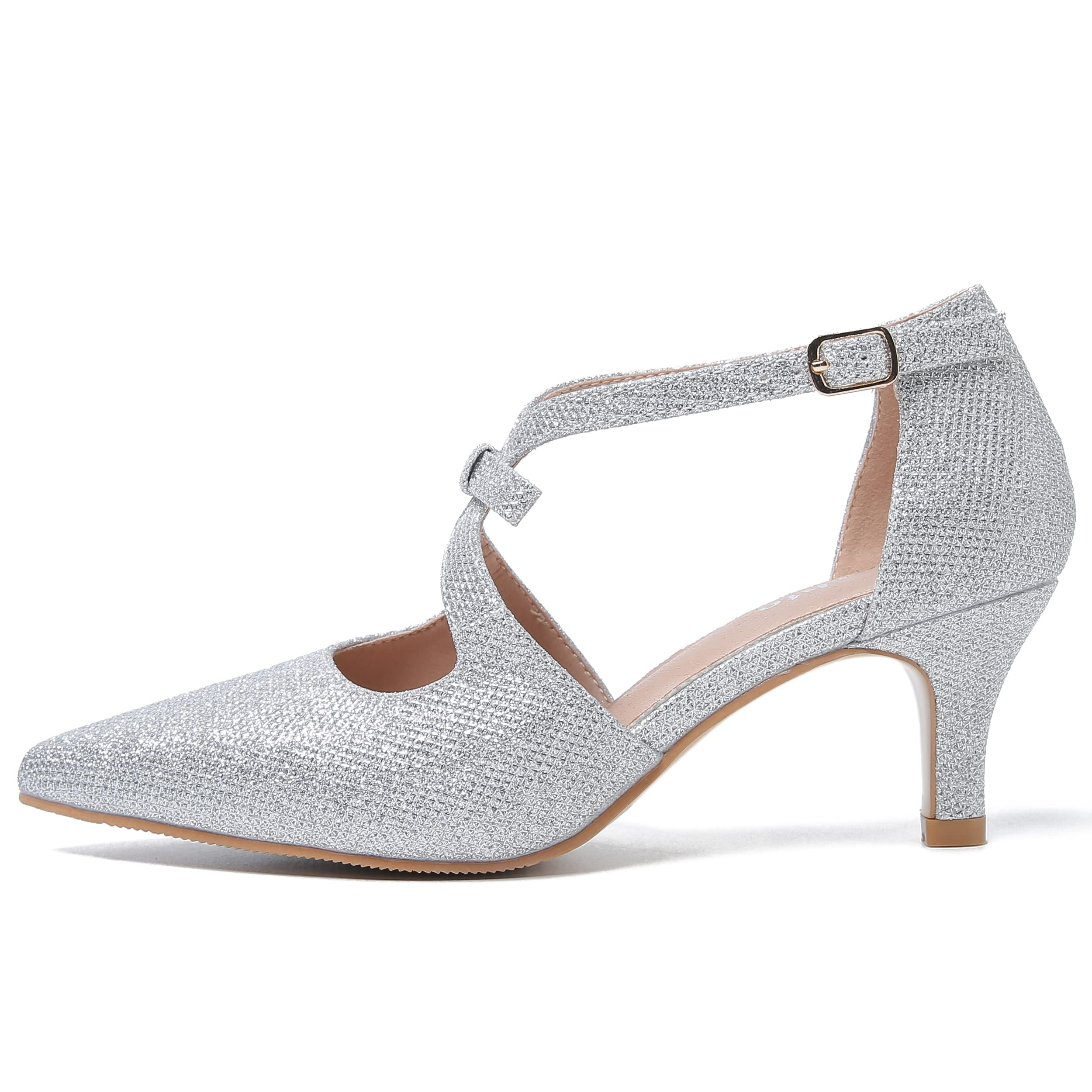 fereshte Women's Kitten Heels T Strap 2 Inch Low Heel Bow Pointed Toe D'Orsay Dressy Pumps Sparkly Silver 36 - US 5.5