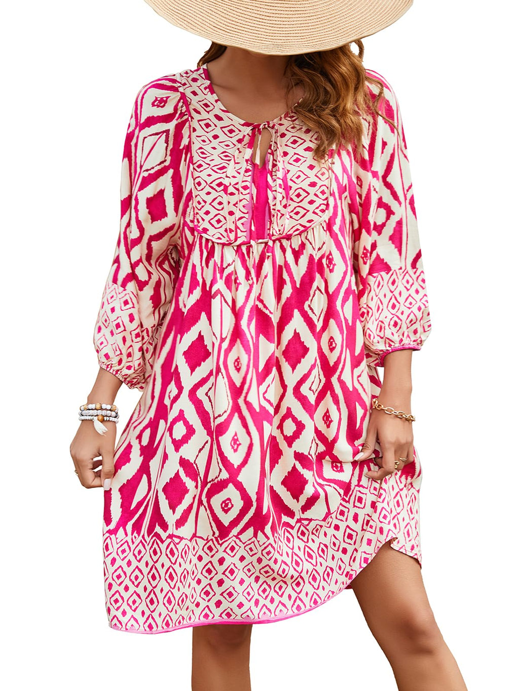 Qearal Summer Dresses for Women Boho Floral Print Dress 3/4 Sleeve Beach Cover Ups Hot Pink XL