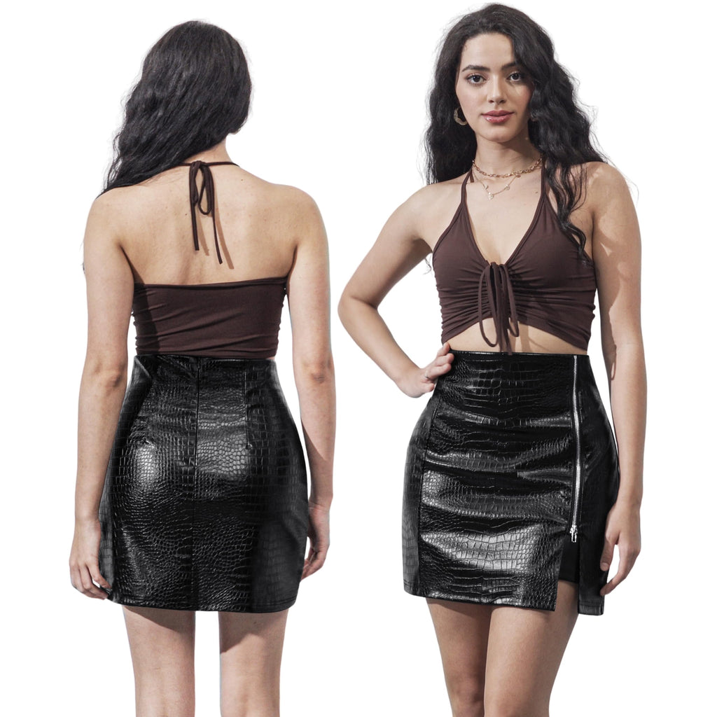 FLUFFY SENSE. Women's Leather Mini Skirt –Stretchy High Waisted Zipper Slit Faux Pleather Bodycon Short Pencil Skirt (US, Alpha, Large, Regular, Regular, Black Croc-Embossed)