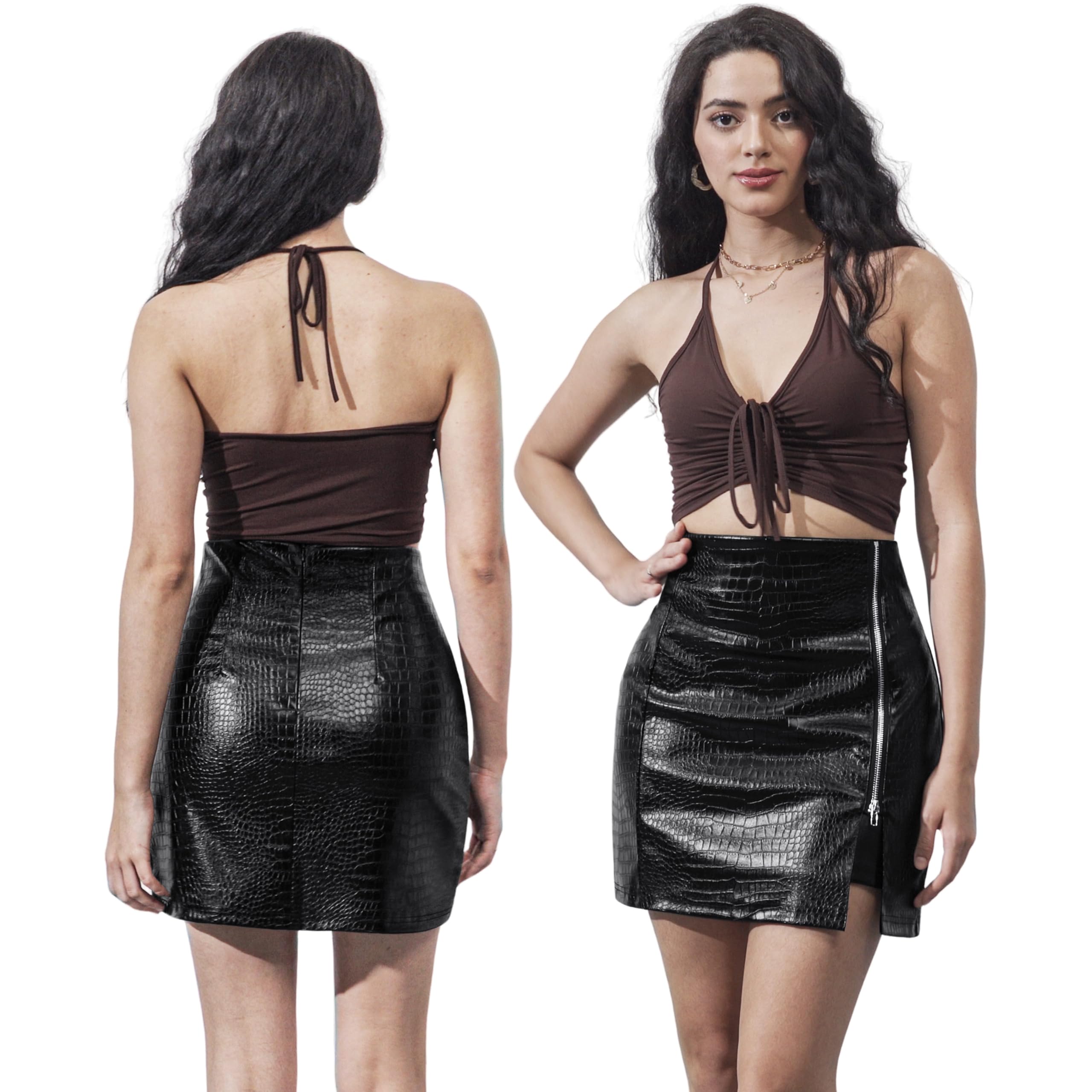 FLUFFY SENSE. Women's Leather Mini Skirt –Stretchy High Waisted Zipper Slit Faux Pleather Bodycon Short Pencil Skirt (US, Alpha, Large, Regular, Regular, Black Croc-Embossed)