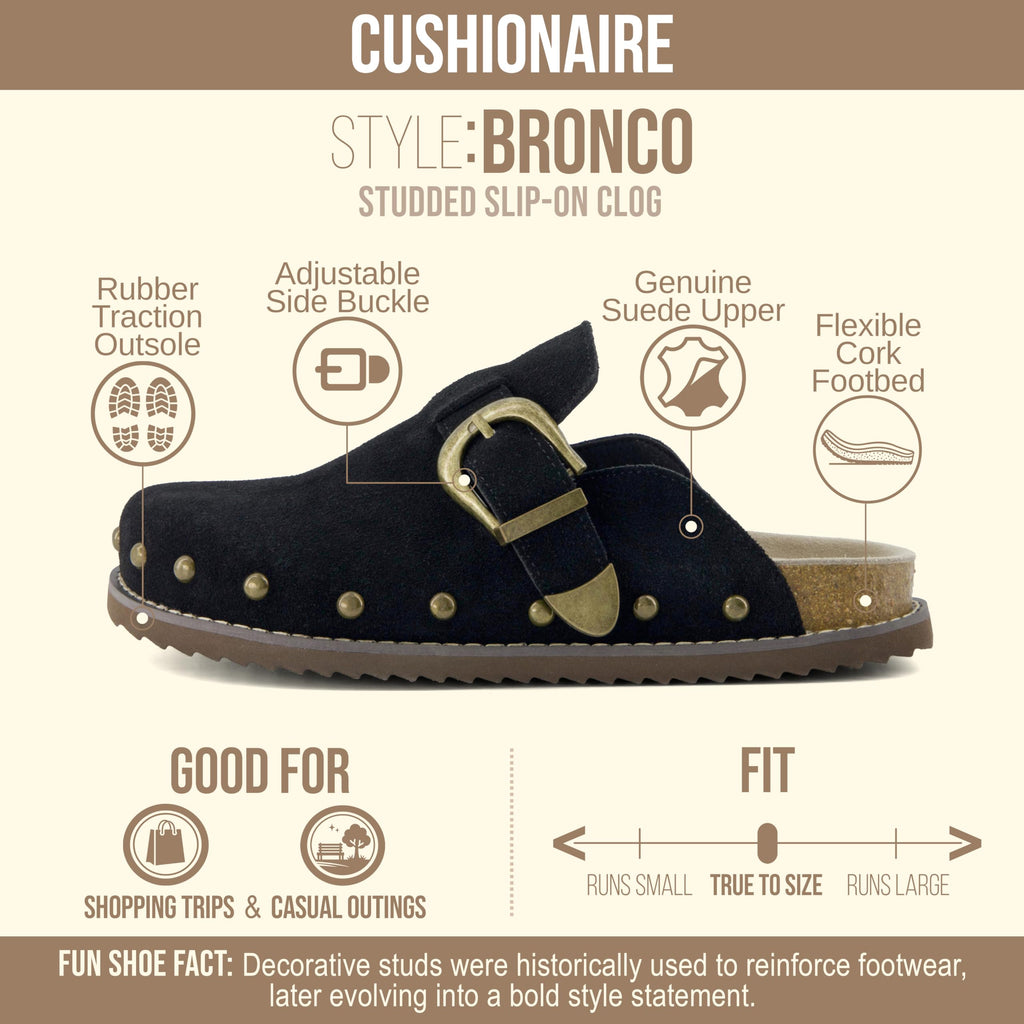 CUSHIONAIRE Bronco Slip On Mule Womens Shoes – Genuine Suede Leather Clogs with Adjustable Buckle and Studded Detailing, Stylish Shoes for Women, Black 11W