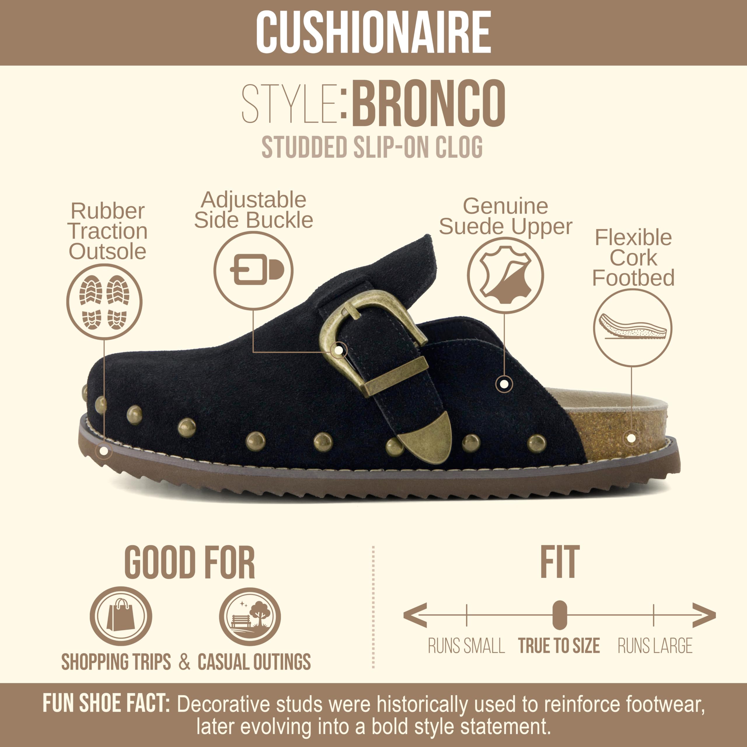 CUSHIONAIRE Bronco Slip On Mule Womens Shoes – Genuine Suede Leather Clogs with Adjustable Buckle and Studded Detailing, Stylish Shoes for Women, Black 11W
