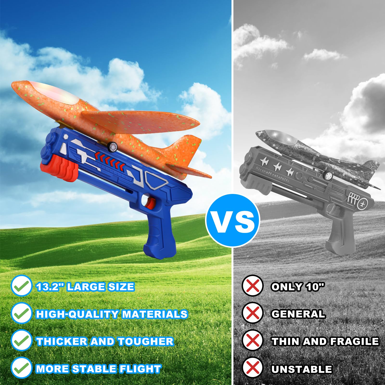 Fuwidvia 3 Pack Airplane Launcher Toys, 13.2'' LED Foam Glider Plane Toy for Boys, 2 Flight Modes Outdoor Flying Toys Birthday Gifts for Boys Girls 4 5 6 7 8 9 10 11 12 Year Old (Blue&Green&Orange)