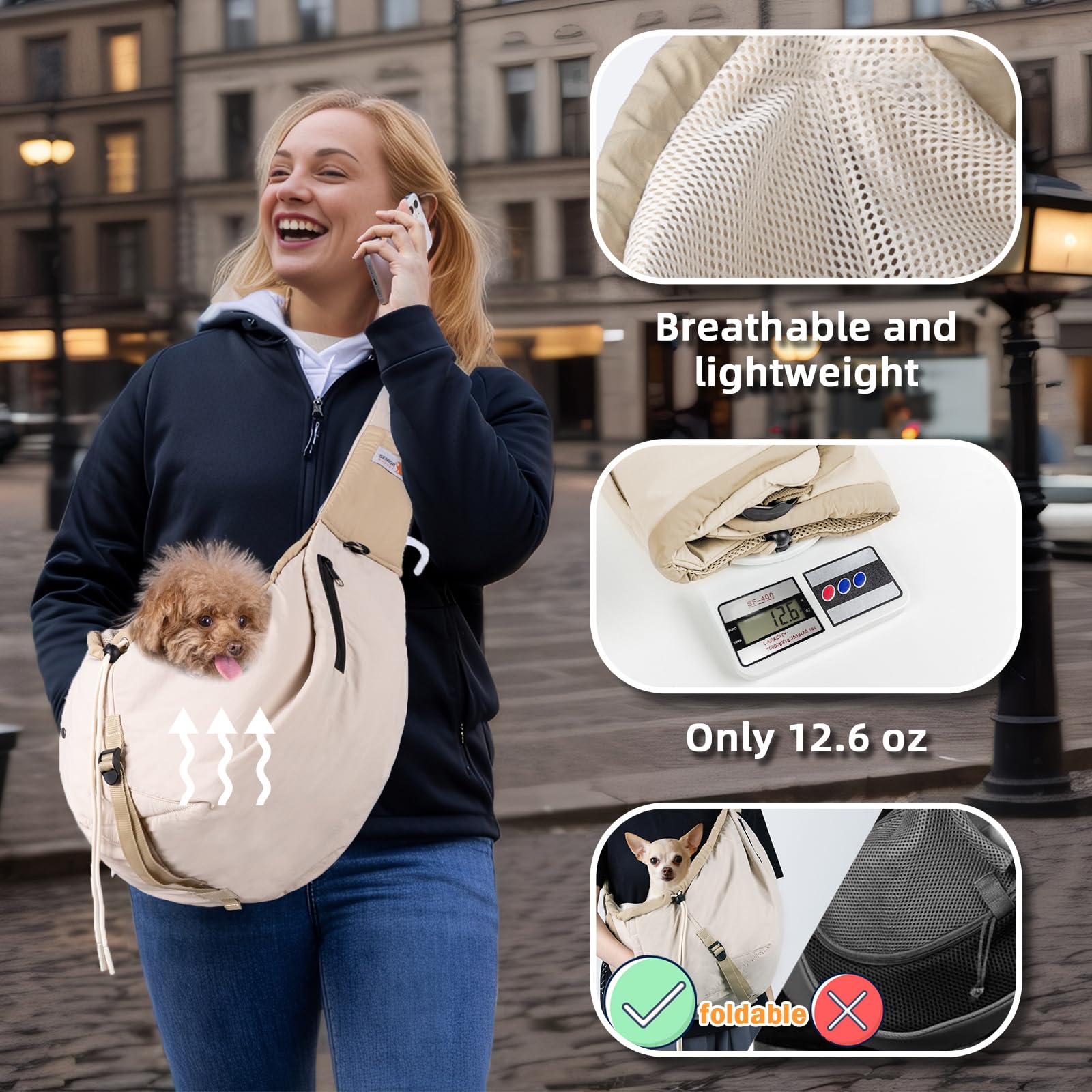 Dog Carrier Sling,Dog Carriers for Small Dogs & Cats Up to 20lbs,Puppy Carrying Backpack Pet Purse with Pockets,Adjustable Shoulder Strap,Hands Free for Travel (Beige)