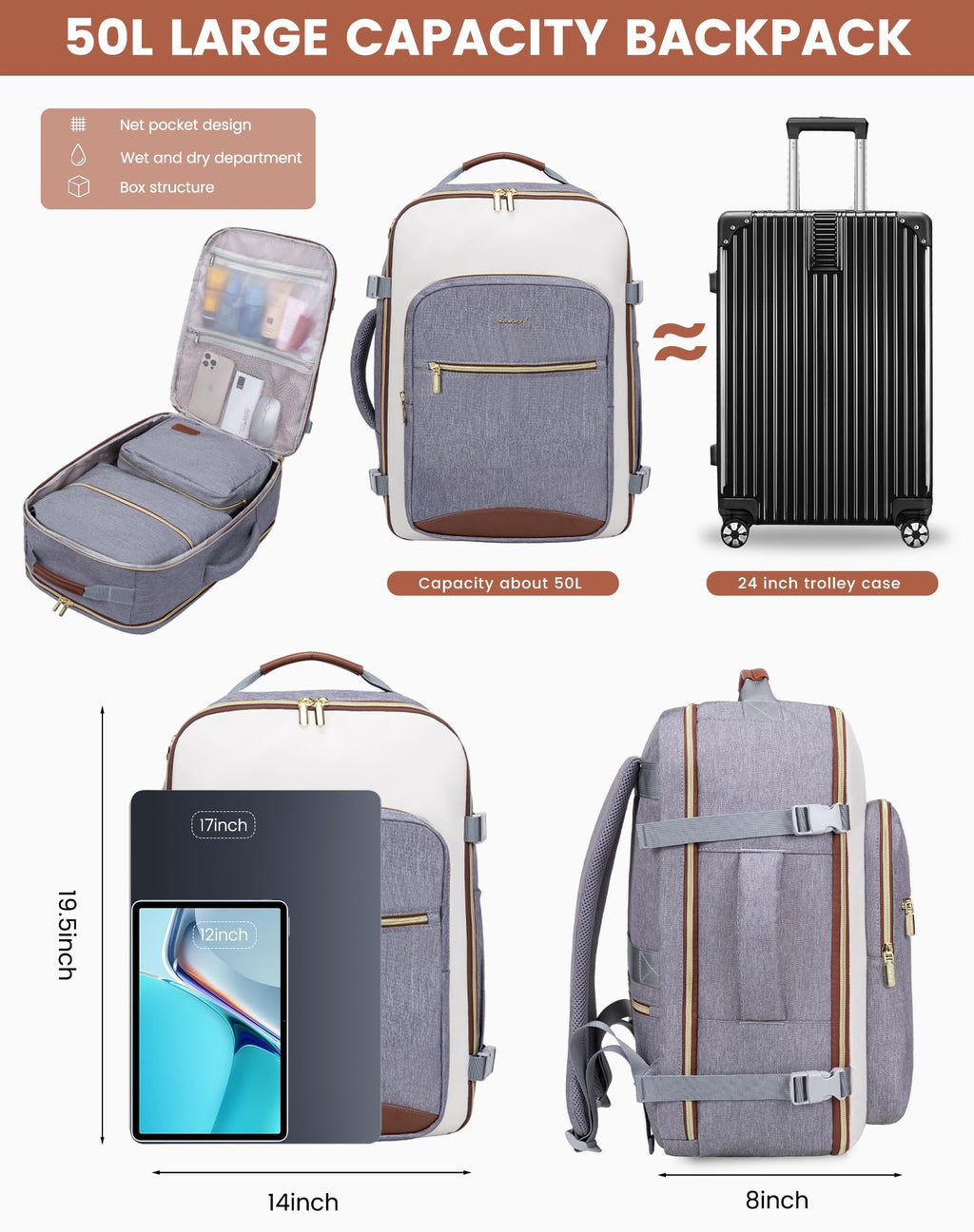 LOVEVOOK 50L Travel Backpack for Women & Men, Airline Approved Carry On Luggage with 3 Packing Cubes, TSA Overnight Bags, Waterproof Personal Item Bag, Weekender Essentials Backpacks fits 17" Laptop