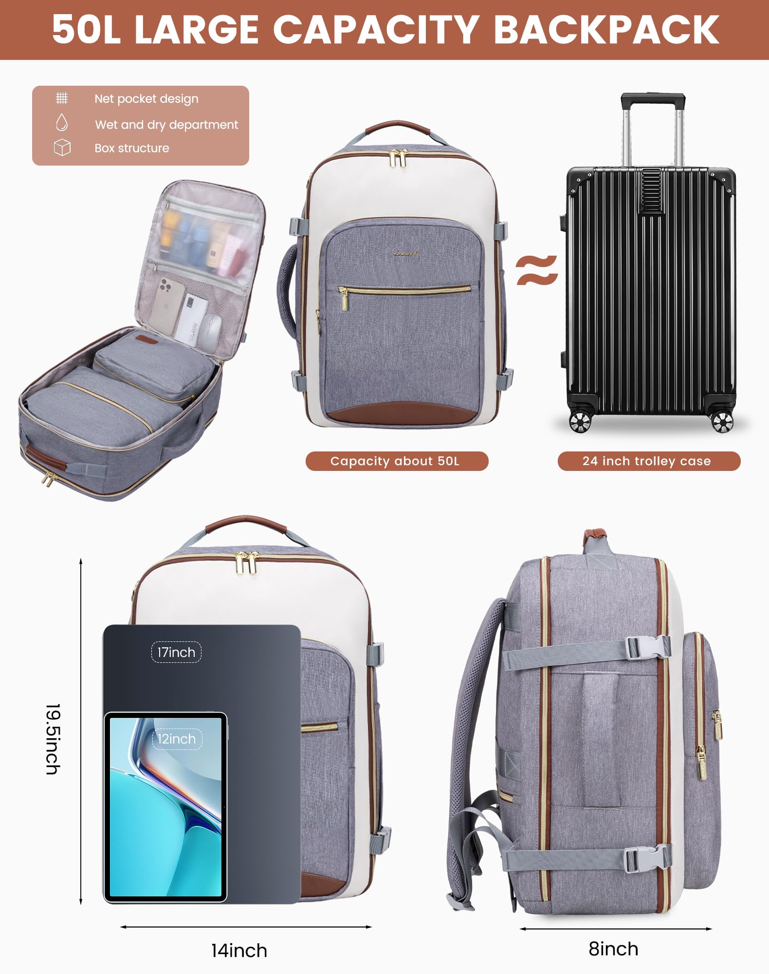 LOVEVOOK 50L Travel Backpack for Women & Men, Airline Approved Carry On Luggage with 3 Packing Cubes, TSA Overnight Bags, Waterproof Personal Item Bag, Weekender Essentials Backpacks fits 17" Laptop