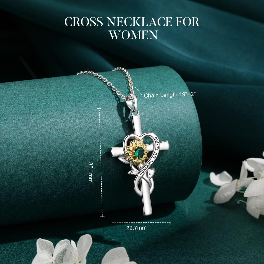 Iefil Mothers Day Gifts for Mom - First Time Mom Gifts | Sunflower Necklace, Simulated Emerald Cross Necklace for Women