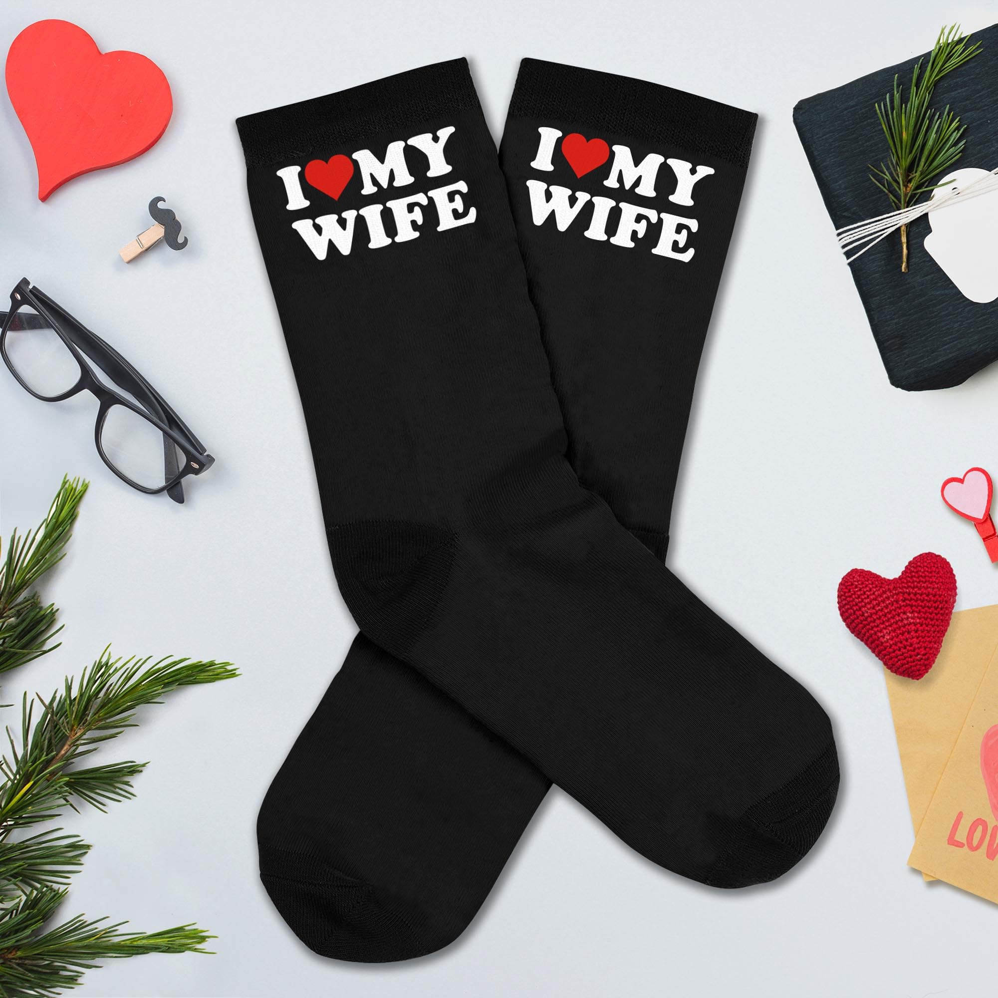 VICRAZY Valentines Day Gifts for Him, Husband, Men - Funny Gifts for Husband from Wife - Couple Gift For Anniversary, Wedding - Unique Stocking Stuffers, Birthday gift - I Love My Wife Socks