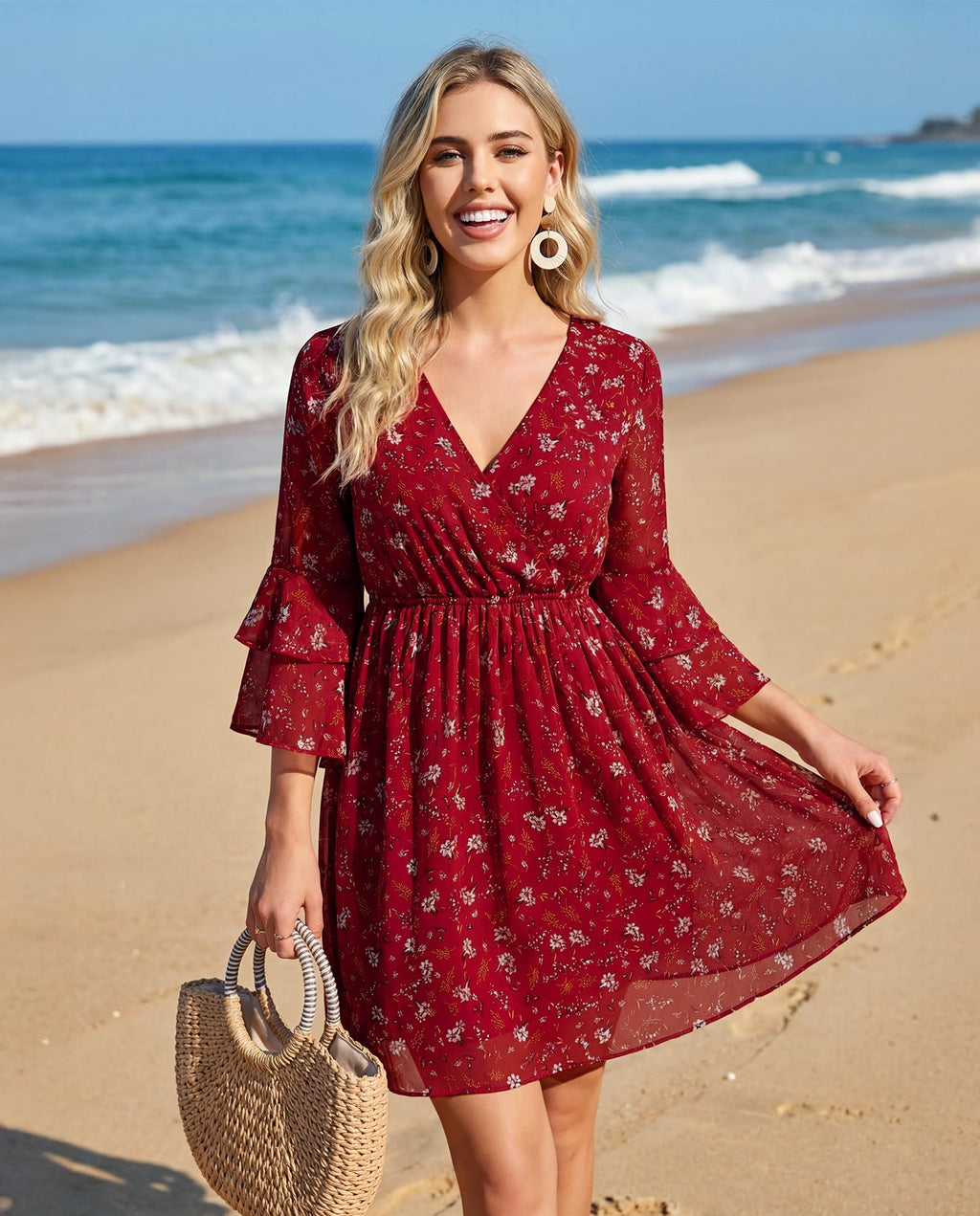 Bebonnie Dresses for Women 2026 Elegant Classy: Curvy Women 3/4 Ruffle Sleeve Spring Summer Wrinkle Free Flowy Boho Dress Chiffon Formal Beach Vacation Wedding Graduation Mini Dresses Multi Red XXL