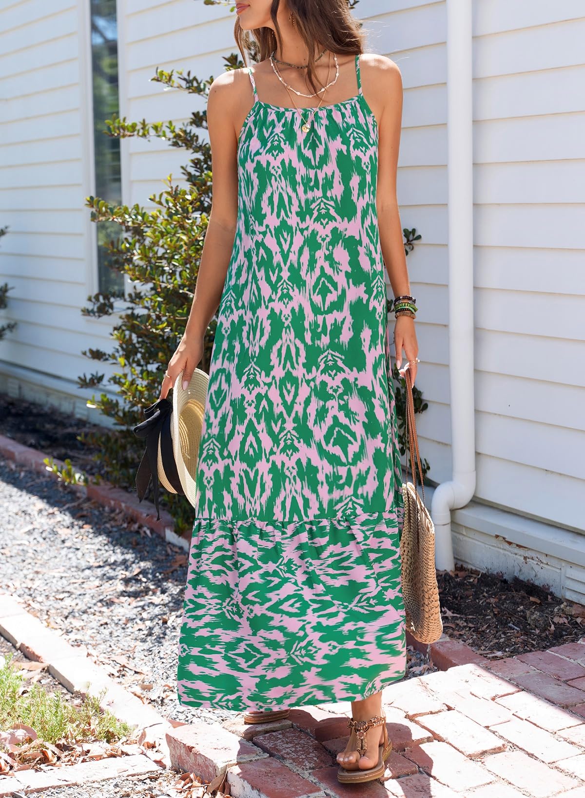 Dokotoo Beach Dresses for Women Summer Casual Maxi Dresses Scoop Neck Boho Beach Dress Sleeveless Spaghetti Strap Sexy Dress Ruffle A Line Flowy Dresses Medium Green