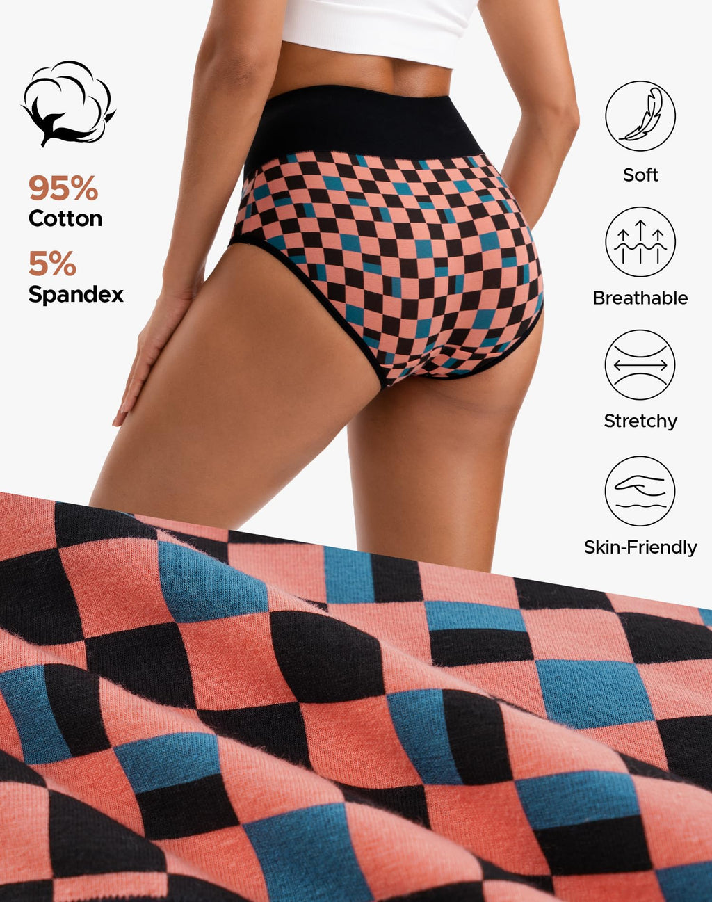 INNERSY Women's High Waisted Underwear Cotton Panties Regular & Plus Size 5-Pack(Chessboard,3X-Large)