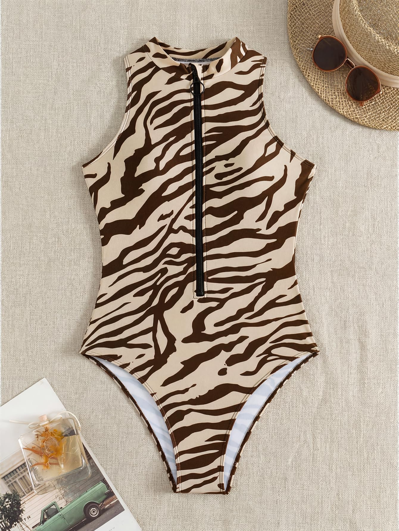WDIRARA Women's One Piece Swimsuit Zebra Striped Bathing Suits Zip Front Sleeveless Swimwear Brown Large