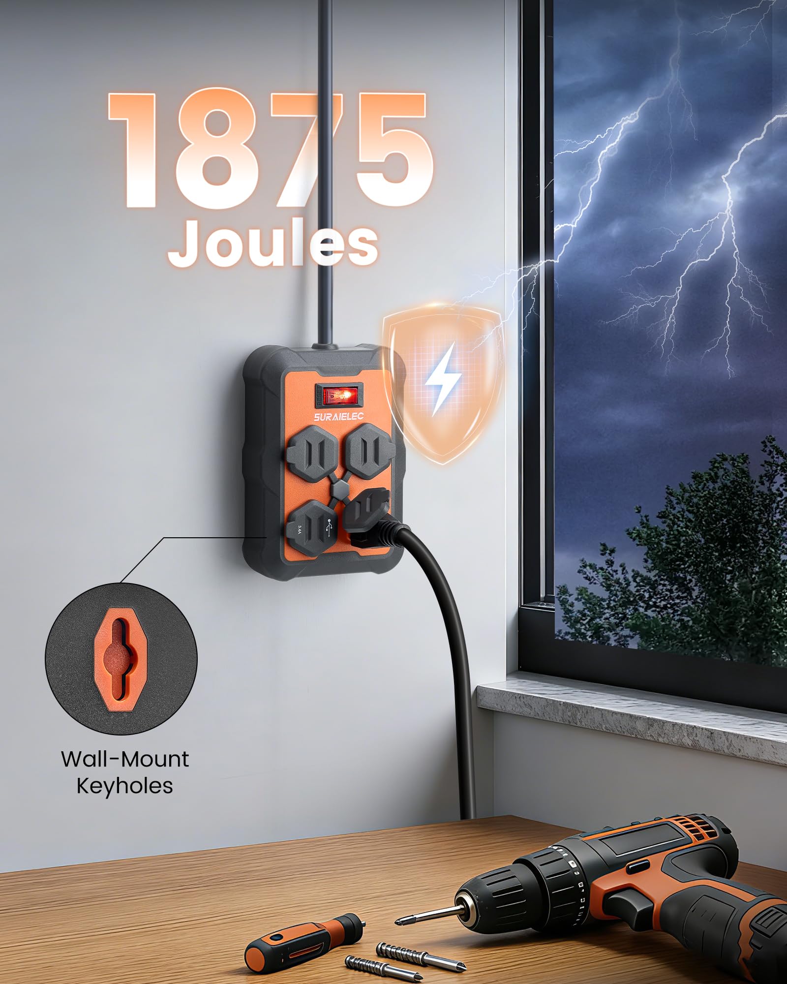 SURAIELEC Heavy-Duty Power Strip with USB-A & USB-C, 1960J Surge Protection, Overmolded Rubber Housing, 5-Outlets (3 AC + 2 USB), Angled Flat Plug, 10FT Cord for Workshop, Garage, Office, ETL Listed