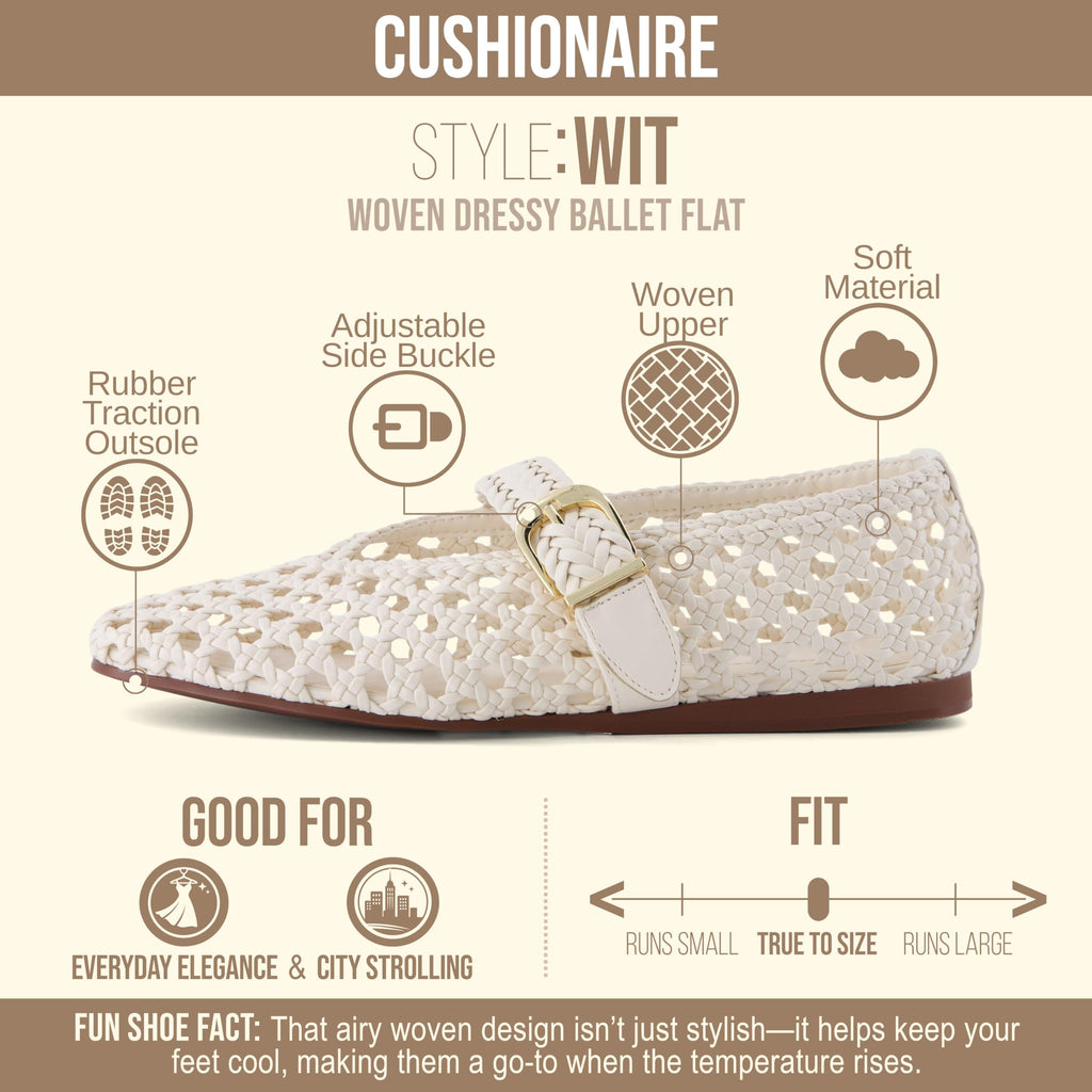 CUSHIONAIRE Wit Hand Woven Womens Flats, Comfortable Mary Jane Ballet Flat with Adjustable Buckle Braided Strap and Cushioned Memory Foam, CREAM 9W