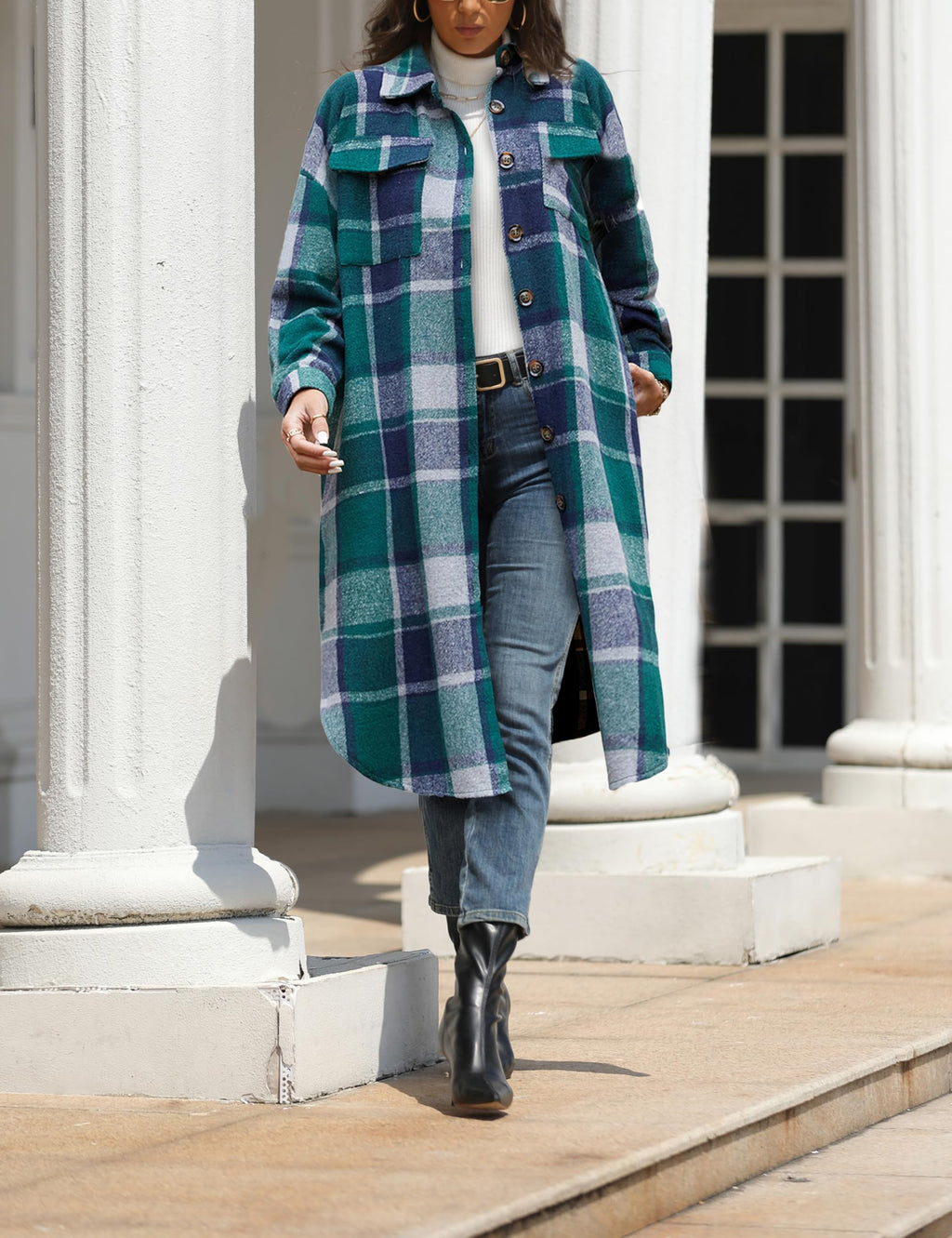 Himosyber Women's Casual Plaid Lapel Woolen Button Up Pocketed Long Shacket Coat(Green-XXL)