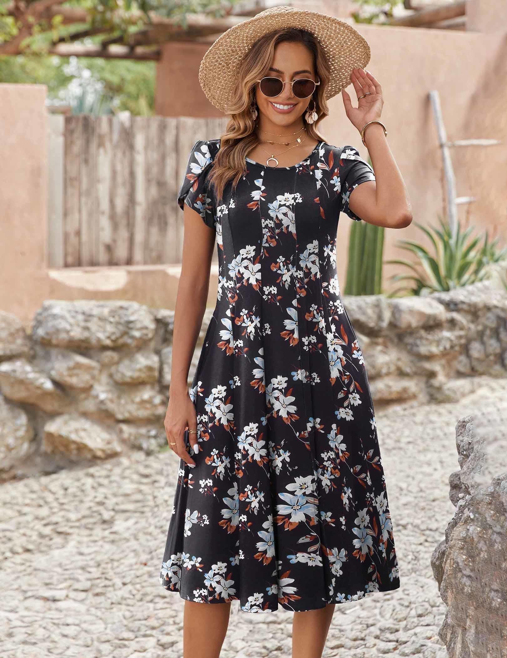 Zeagoo Plus Size Womens Casual Summer Dresses Midi Fit and Flare Dresses for Women Loose Fit Long Dress Black Flower