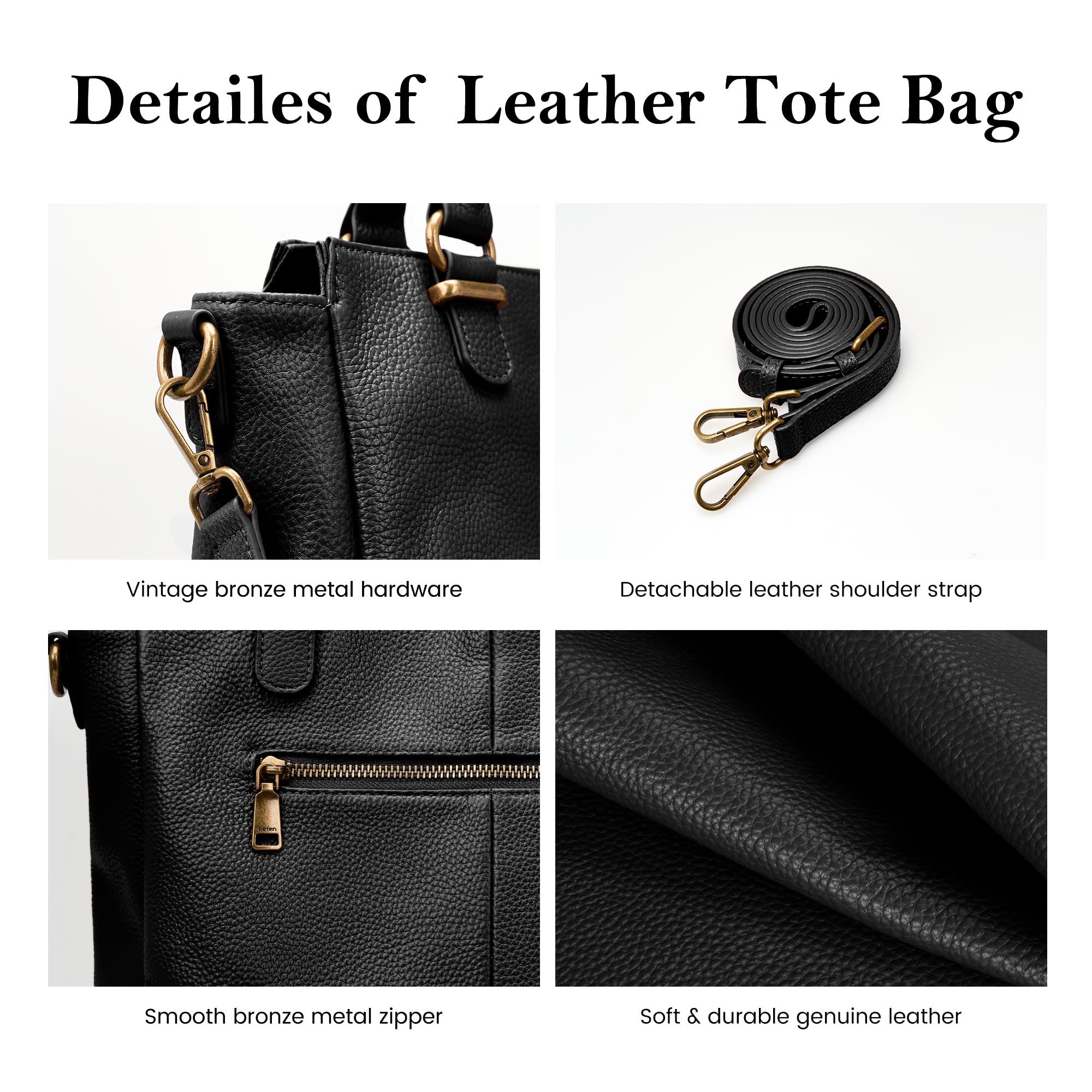 befen Black Soft Real Leather MediumTote Bag for Women, Womens Leather Purses Handbags Crossbody Bags Top Handles Satchel Purse with RFID Card Slots
