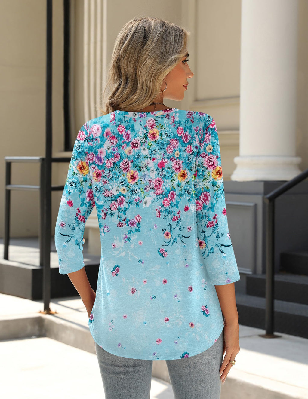 Zeagoo Tunics Or Tops to Wear with Leggings Plus Size 3/4 Sleeve Crewneck Shirts Floral Print Pleated Spring Summer Blouses