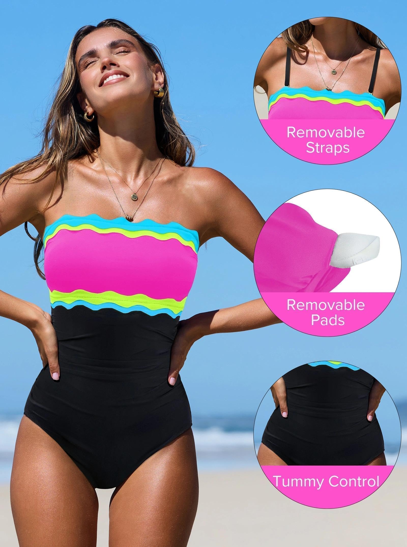 popvil One Piece Swimsuits for Women 2026 Strapless Tummy Control Neon Bandeau Bathing Suits, Pink, 2X-Large