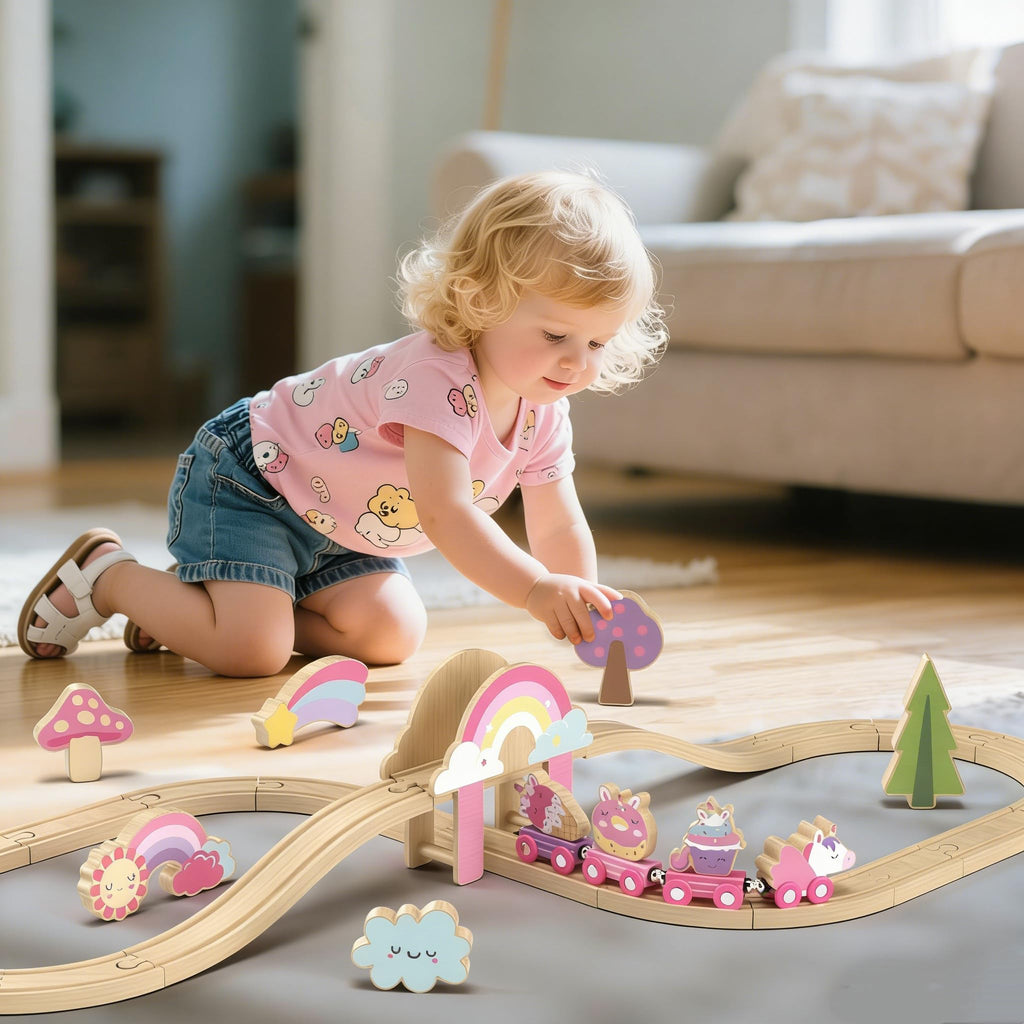 Lehoo Castle Wooden Train Set, Unicorn Train Set for Toddlers 2-4, Wooden Train Track Toddler Girl Toys Pink Train Fantasy Toys for 3 4 5 6 Year Old Girl