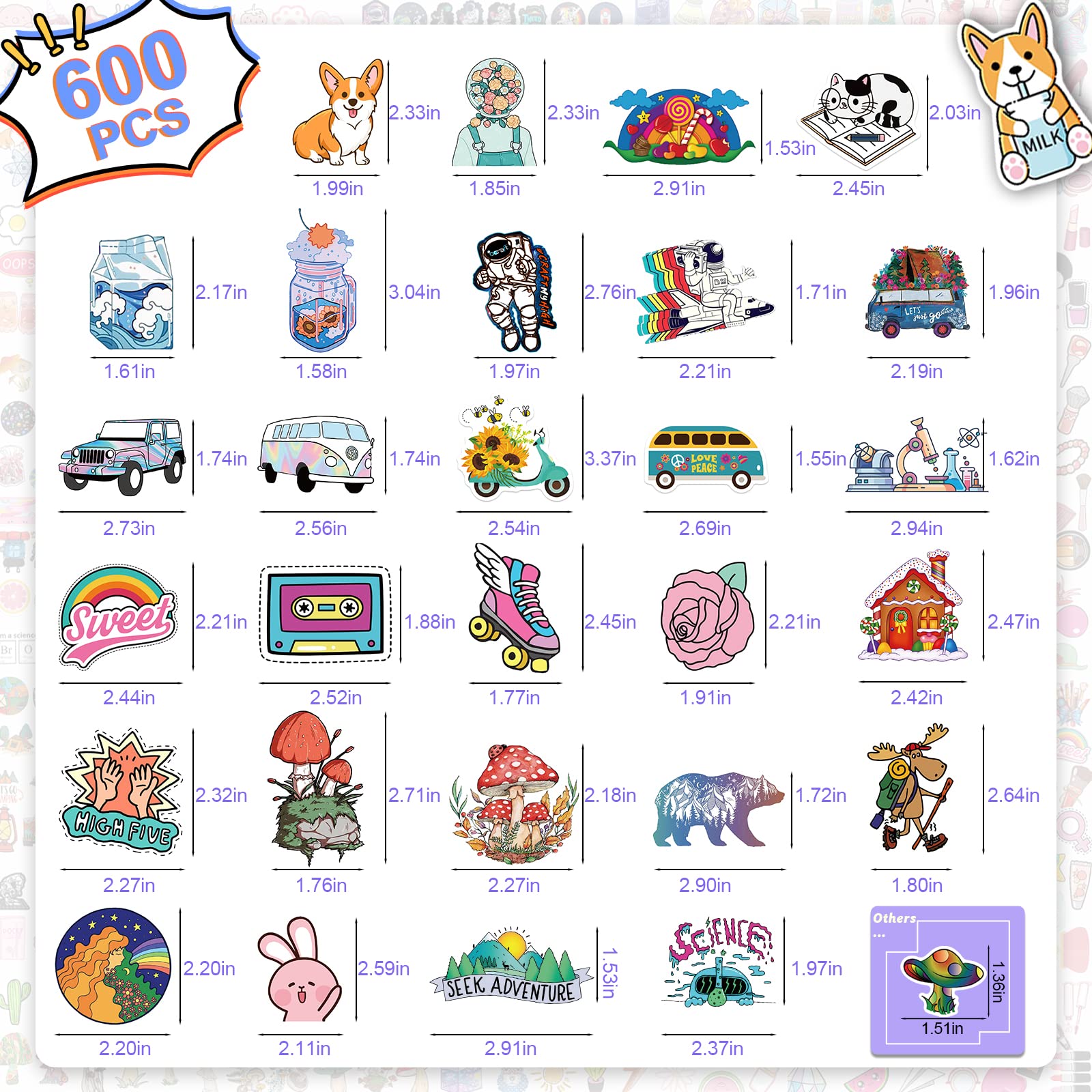 Arme 600 PCS Stickers Pack，Cute Colorful Waterproof Stickers，Vinyl Art Stickers.Valentine's Day Stickers for Water Bottles,Skateboards and Notebooks, Laptop Sticker for Teens Girls Kids Adults