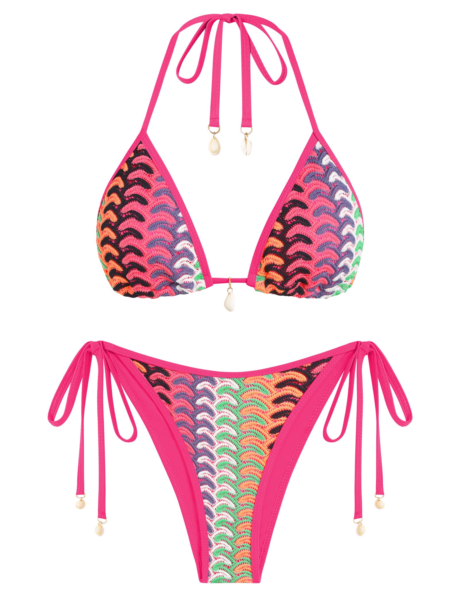 ZAFUL Women's Colorblock Stripes Triangle Halter Tied Cheeky Thong Bikini Set High Cut Two Piece Bathing Suit (2-P-Pink, M)