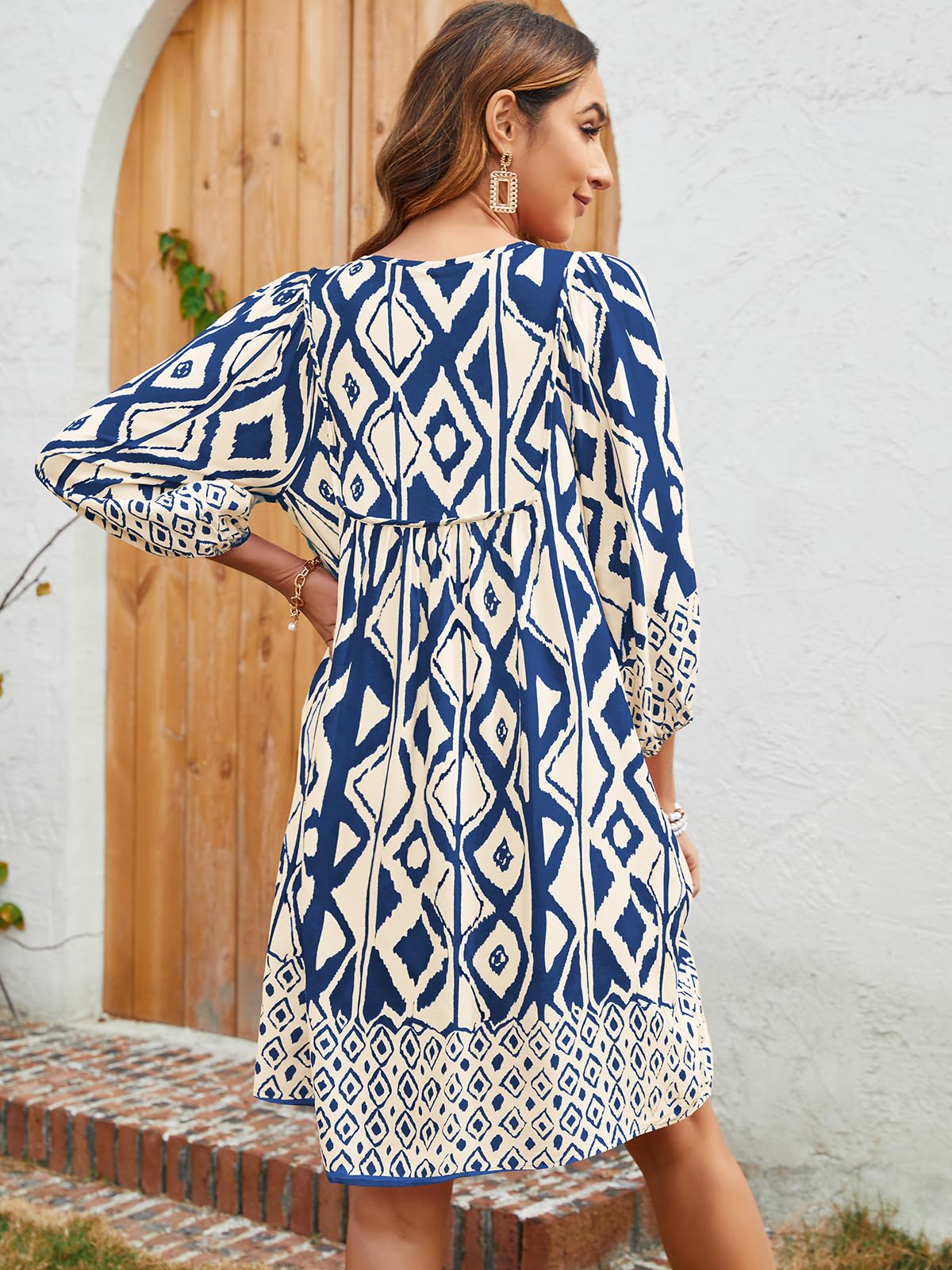 Qearal Beach Vacation Dresses for Women 3/4 Sleeve Boho Floral Print Casual Summer Short Flowy Dress Navy Blue XL