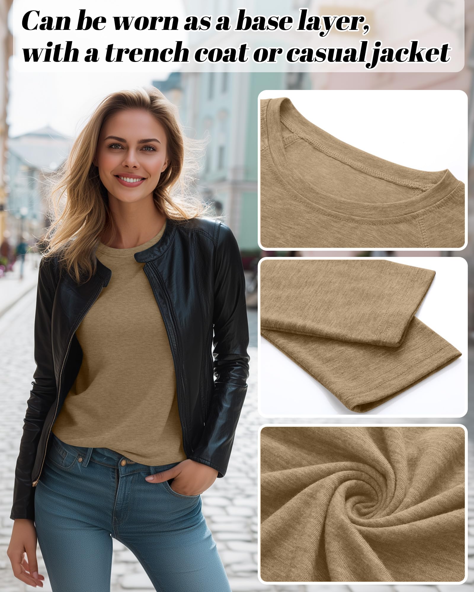 Ficerd 3 Pack Women's Long Sleeve T-Shirts Crew Neck Raglan Sleeve Casual Loose Fit Shirts Side Split Curved Hem Tunic Tops(Black, White, Dark Khaki,XX-Large)