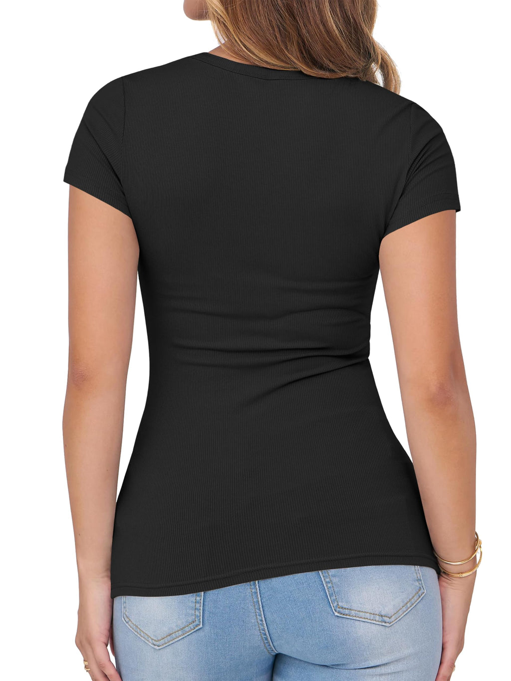 Albe Rita Women Short Sleeve T-Shirt Cap V Neck Shirts for Women Ribbed Casual Top Knit Slim Fit for Summer,Black,M