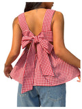 WDIRARA Women's Square Neck Tie Back Tank Top Plaid Peplum Babydoll Tops Red and White XX-Large