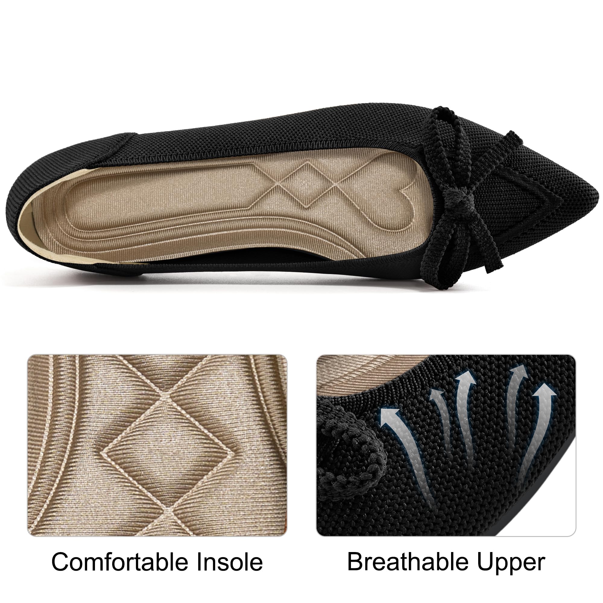 Ablanczoom Ballet Flats Shoes for Women: Dressy Pointed Toe Bow Knit Flats Comfortable Slip On Work Business Casual Shoes Black