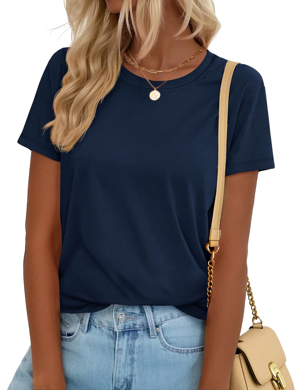 YUCOLEN T Shirts for Women Short Sleeve Crewneck Cotton Tops Summer UPF 50+ Casual Breathable Basic Tee Tshirt Navy Blue M