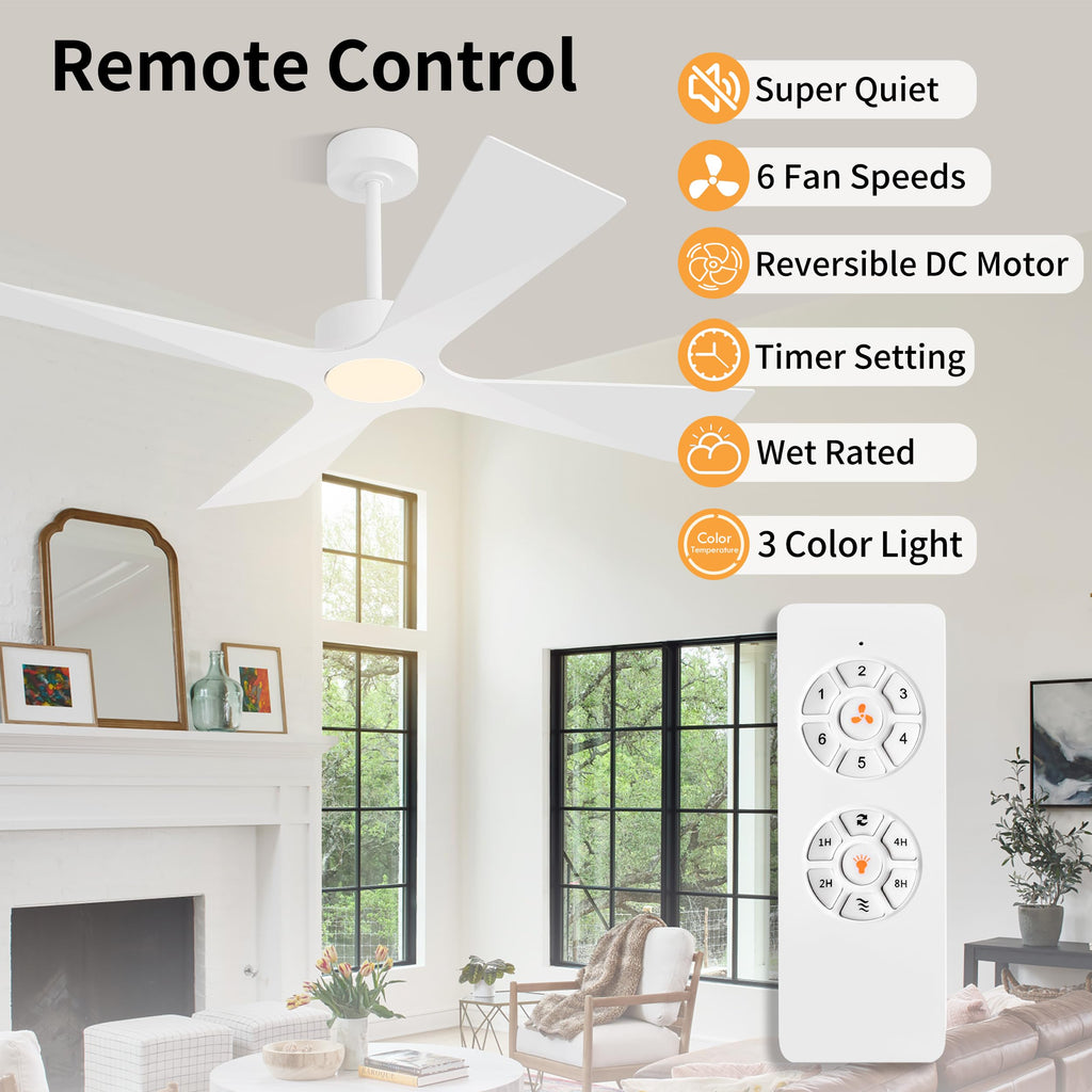 WINGBO 64" Wet Rated Outdoor Ceiling Fan with Lights, 4 ABS Plastic Blades, Reversible DC Motor, 6-Speed Remote Control, 3 CCT, Waterproof Ceiling Fan for Patio Porch Gazebo Garage, Gloss White