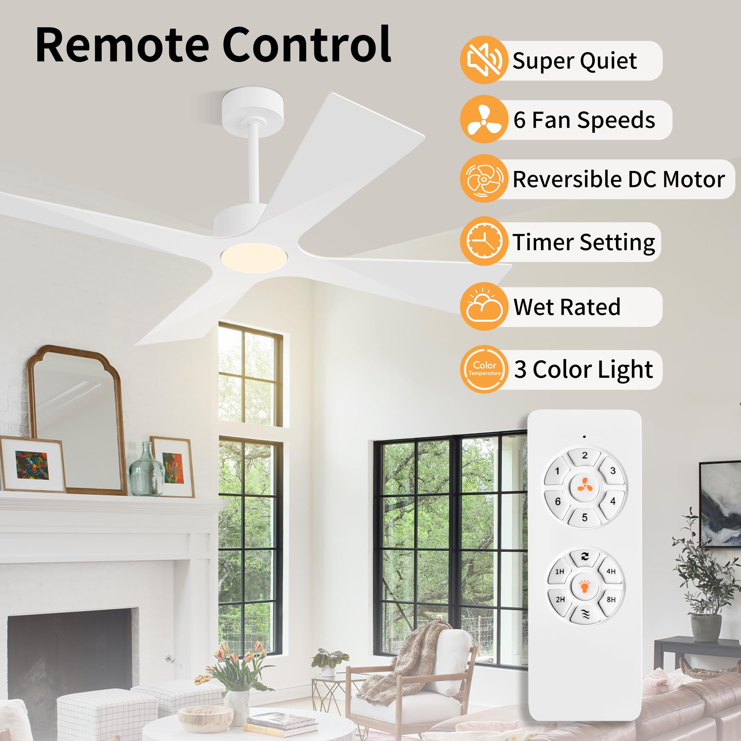 WINGBO 64" Wet Rated Outdoor Ceiling Fan with Lights, 4 ABS Plastic Blades, Reversible DC Motor, 6-Speed Remote Control, 3 CCT, Waterproof Ceiling Fan for Patio Porch Gazebo Garage, Gloss White