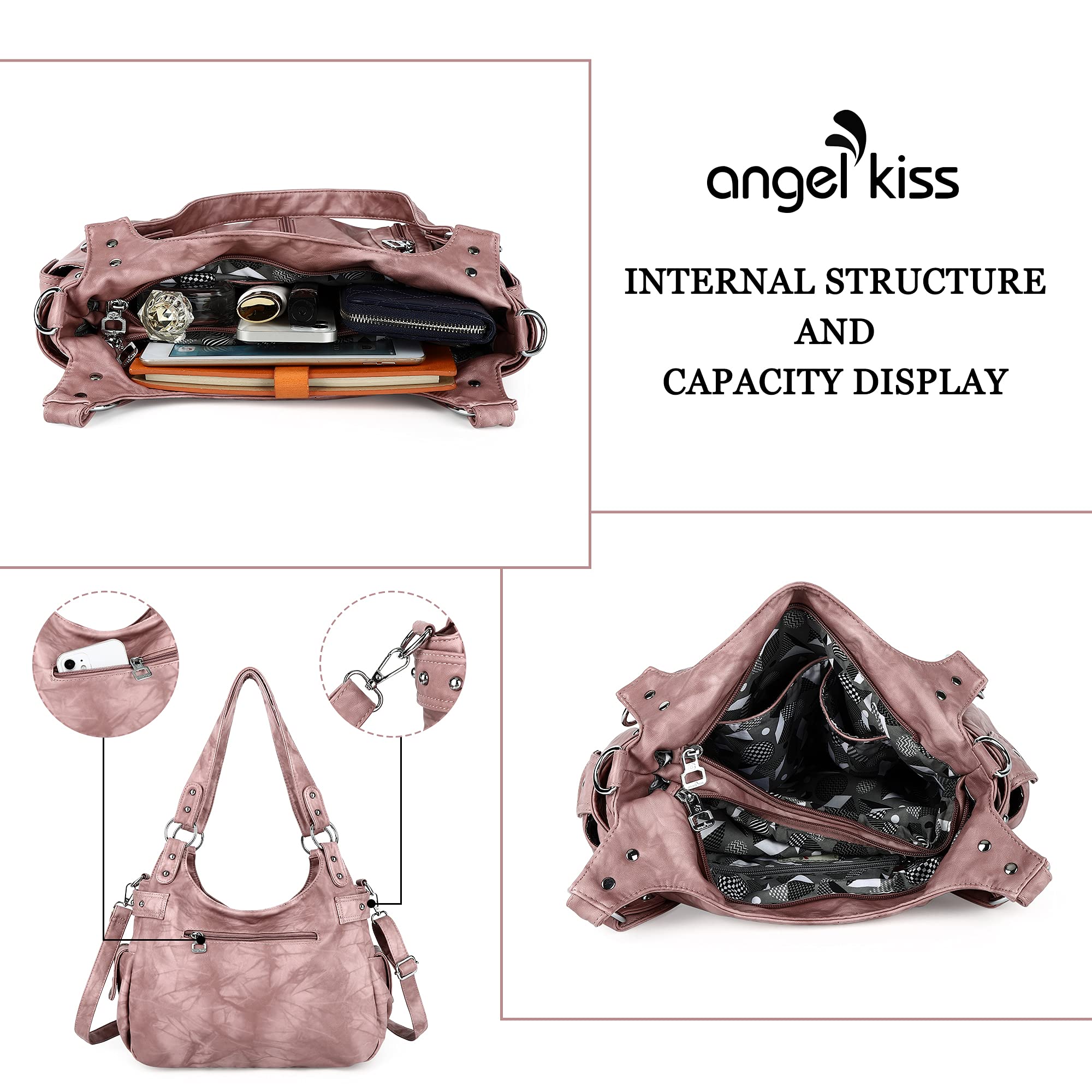 Angel Kiss Large Purses and Handbags for Women Washed Faux Leather Crossbody Hobo Satchel Shoulder Handbag Tote Purse-1Pink