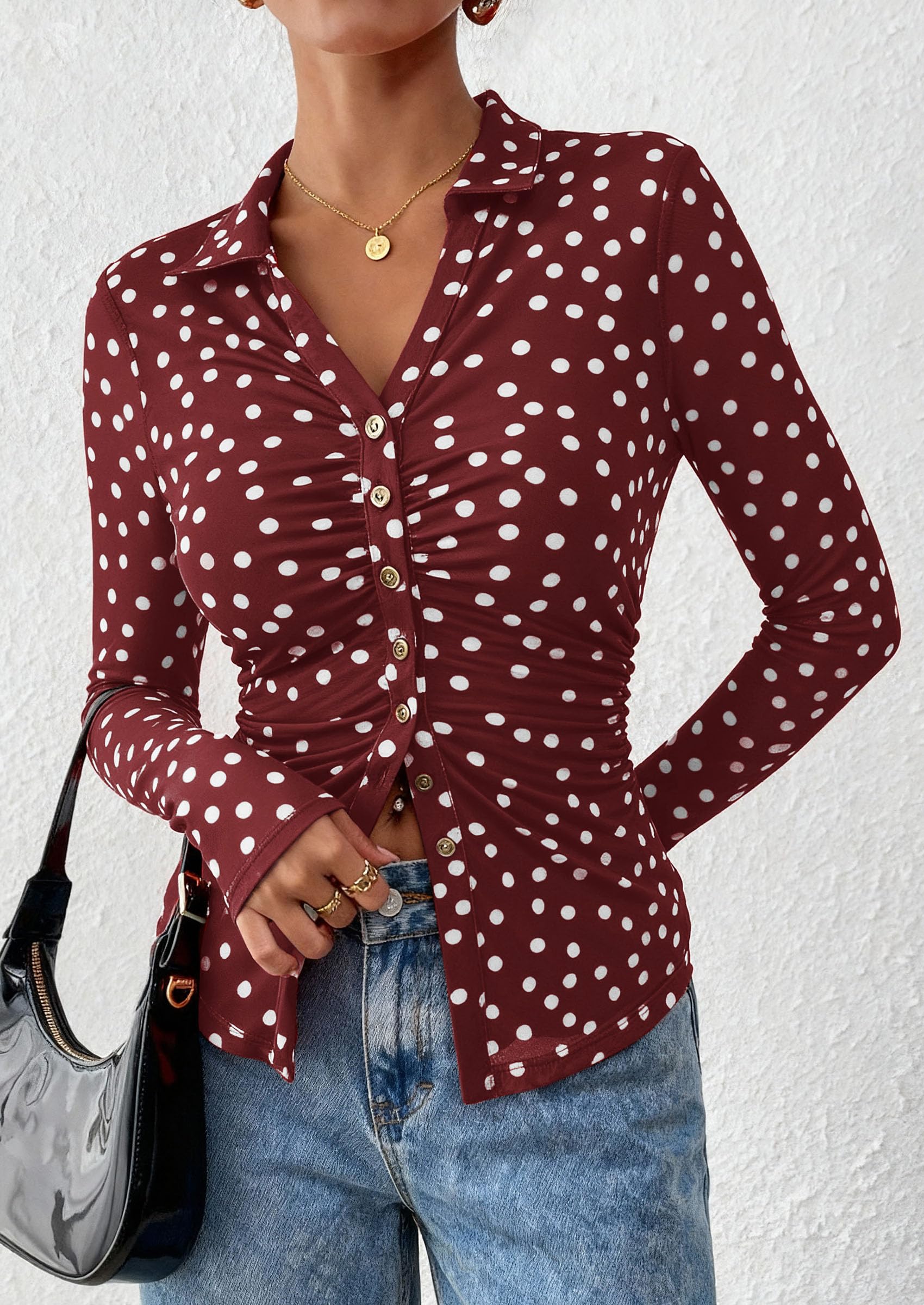 PRETTYGARDEN Women Button Down Floral Shirts 2026 Fall Trendy Long Sleeve V Neck Mesh Boho Blouse Spring Tops Date Outfits (01 Dot Burgundy White,Large)