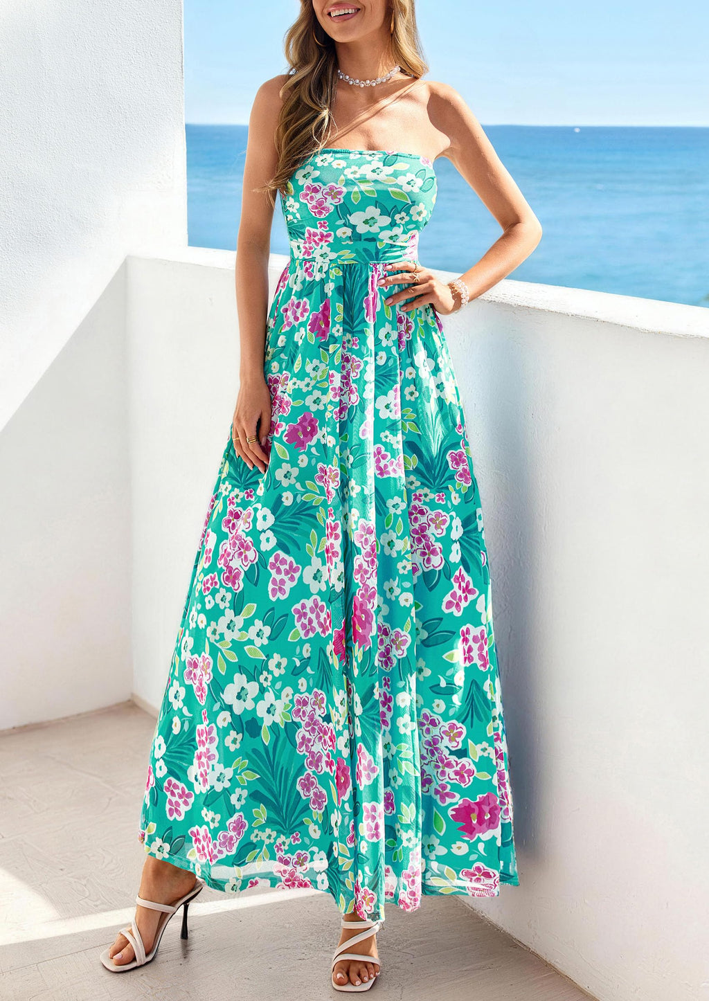 PRETTYGARDEN Women Strapless Maxi Dress 2026 Summer Floral Tube Top Ruched Beach Spring Wedding Guest Long Dresses (Floral Blue Green,Small)