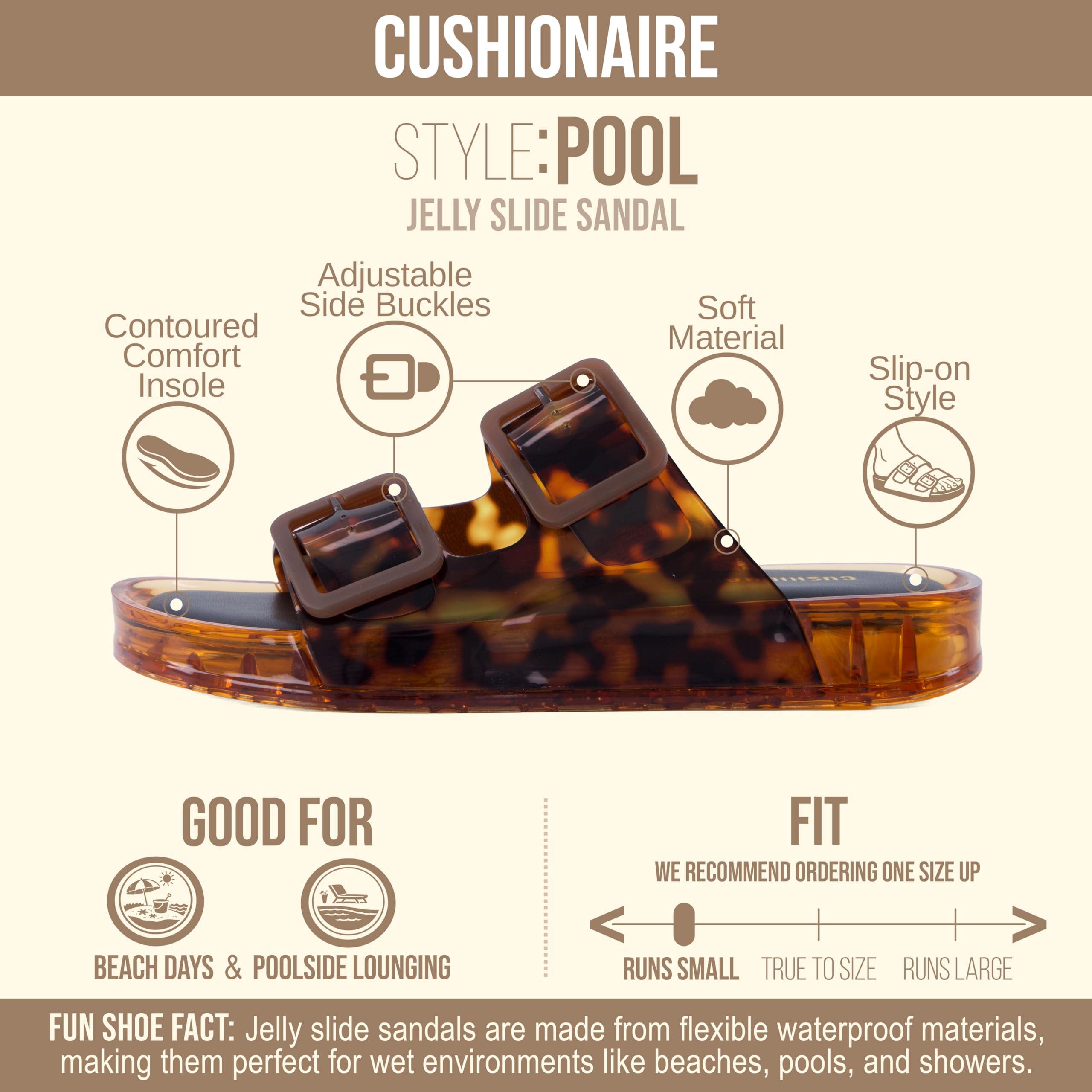 CUSHIONAIRE Pool Slides for Women Waterproof Double Buckle Adjustable Slip-On Womens Sandals for Beach Shower Casual Wear, TORTIE 6